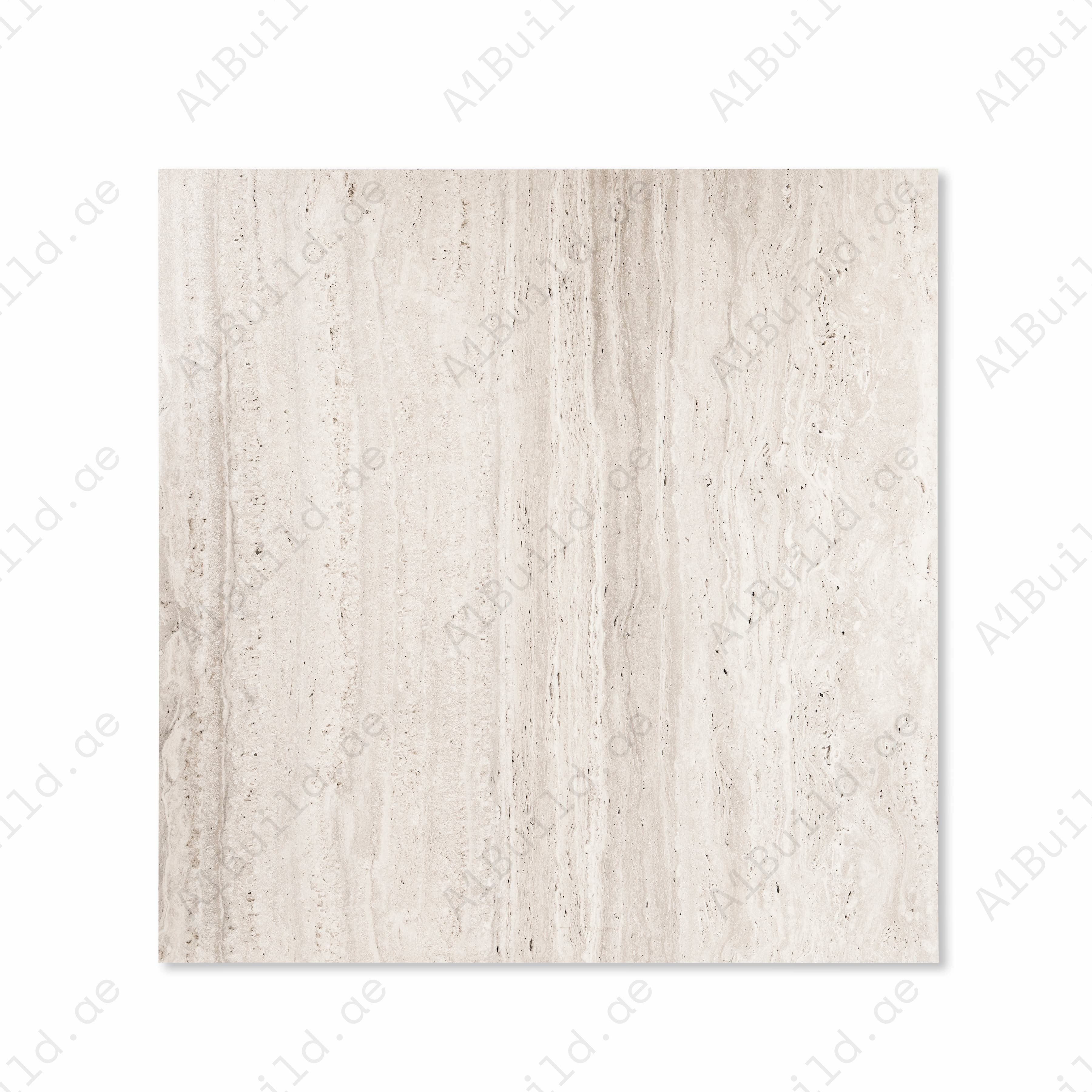 Top view of Roma Travertino Bianco warm cream travertine look porcelain floor tile 120x120cm with linear vertical veining and characteristic stone pits