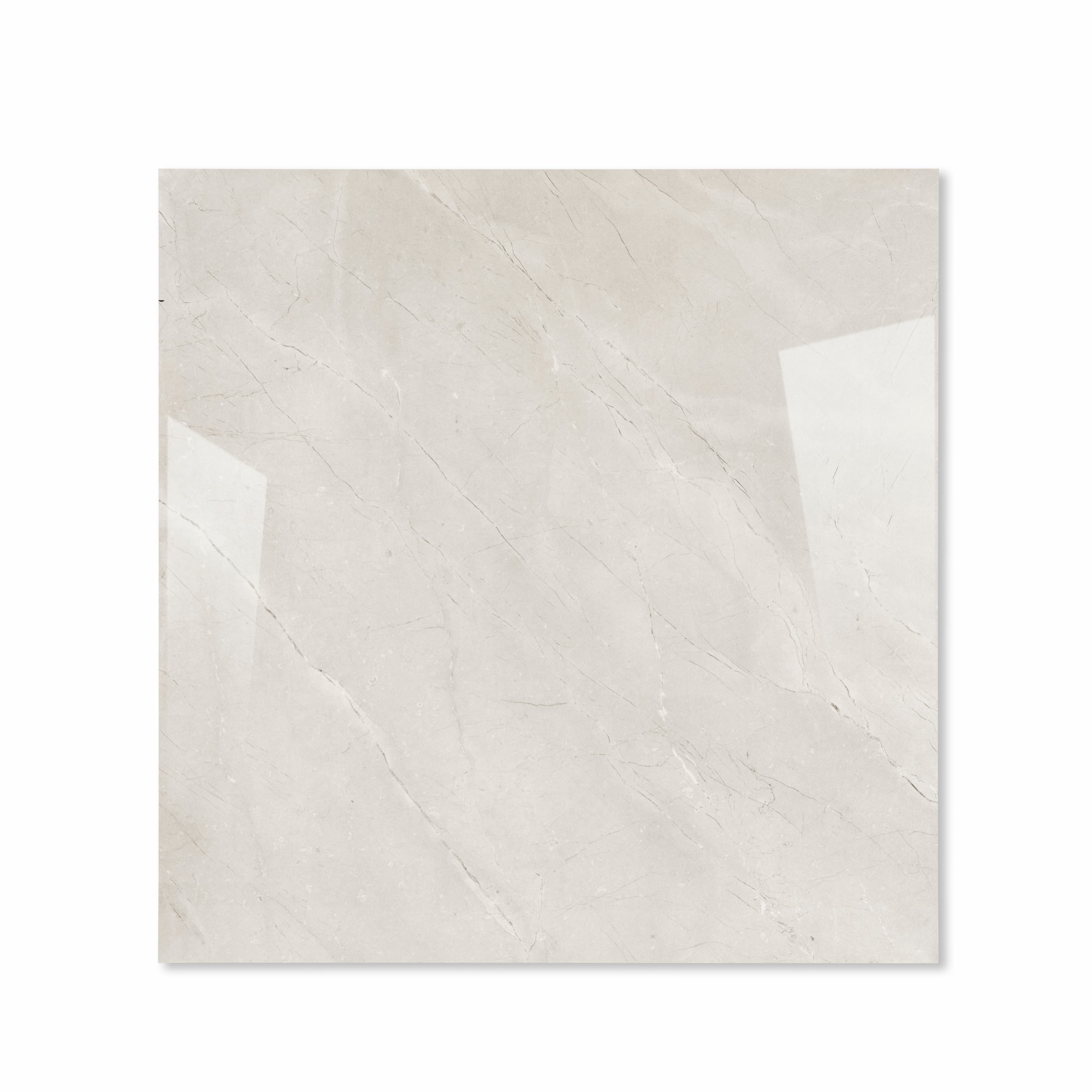 Top view of Burberry Bianco warm cream polished porcelain floor tile 120x120cm with fine charcoal marble veining and mirror gloss finish