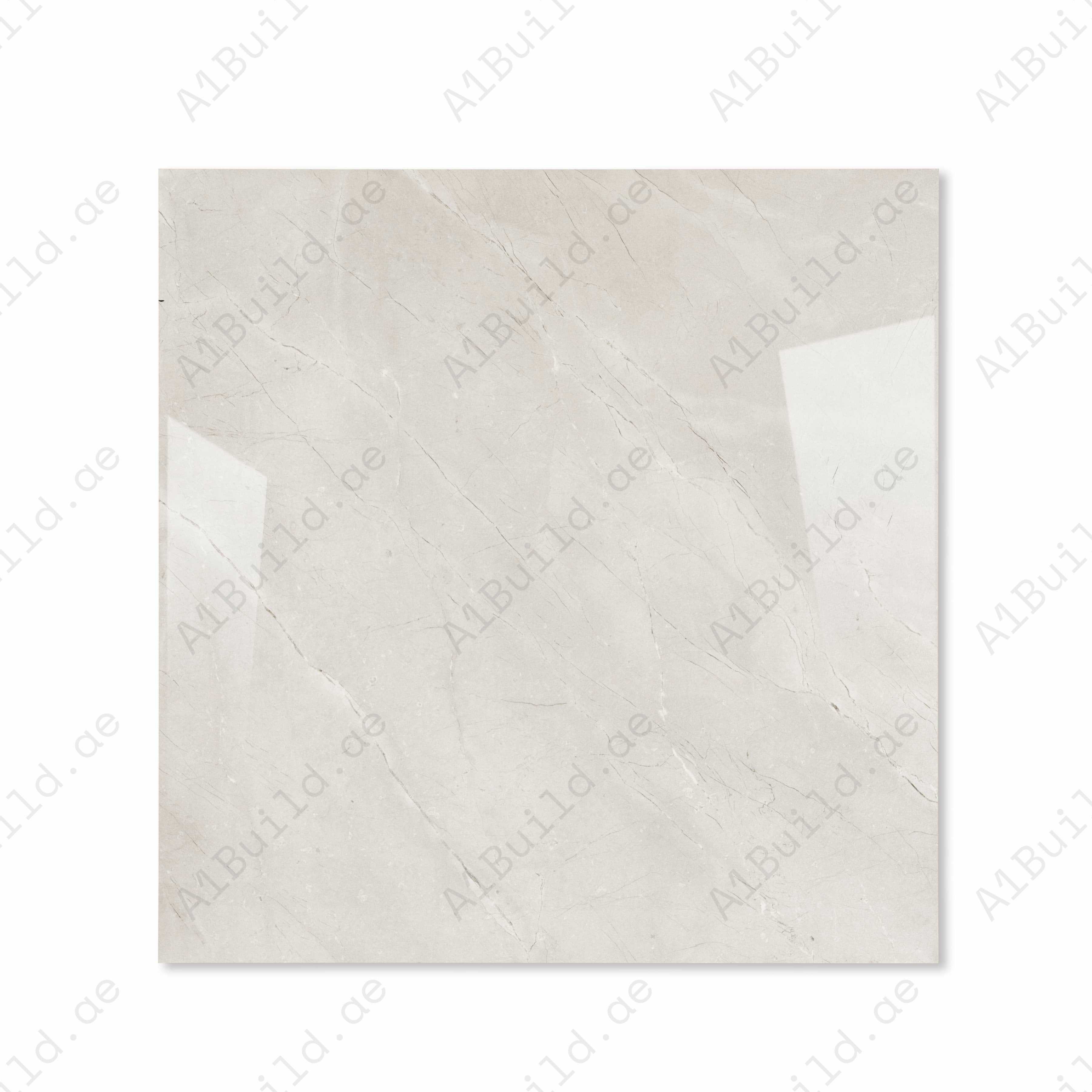 Top view of Burberry Bianco warm cream polished porcelain floor tile 120x120cm with fine charcoal marble veining and mirror gloss finish