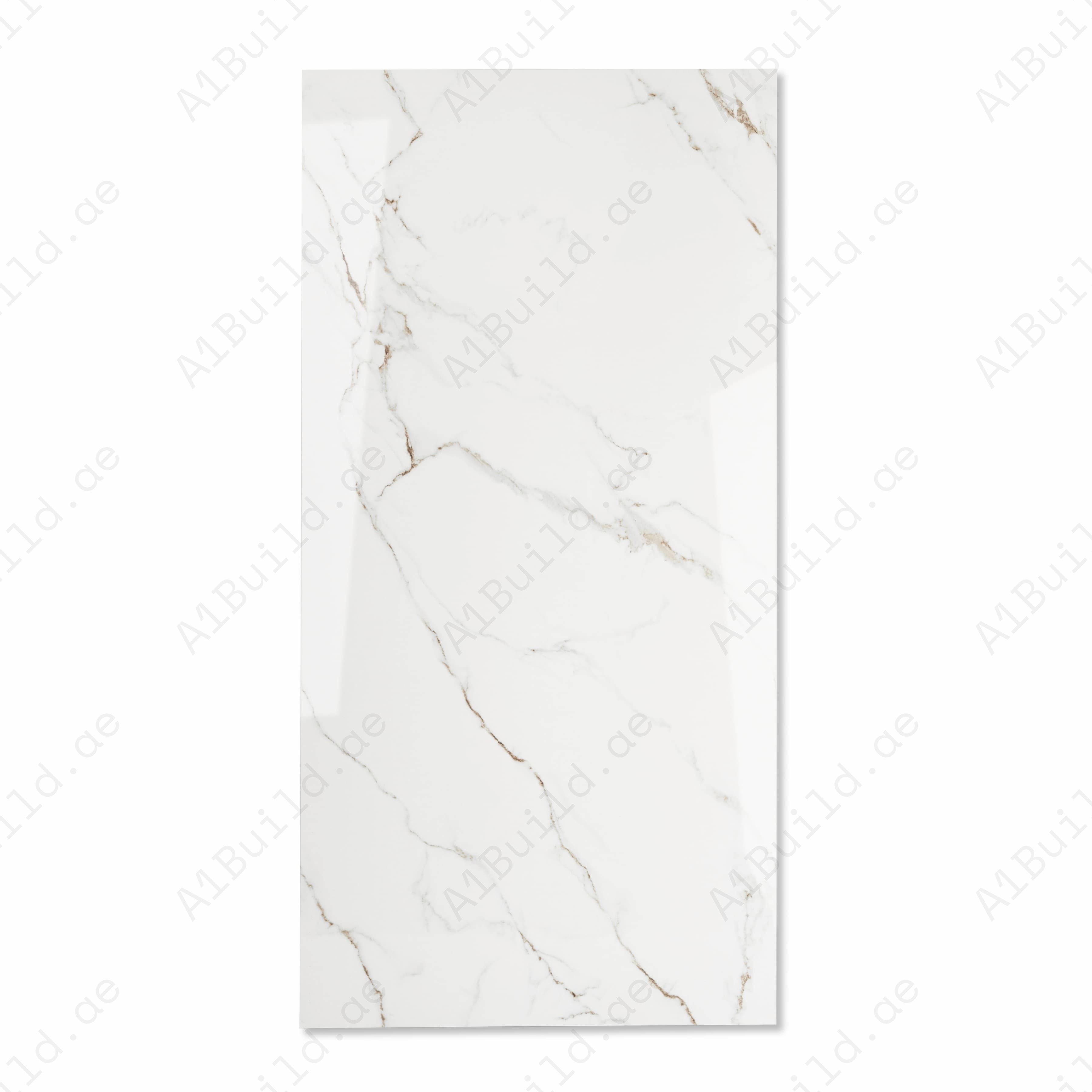 Vanity White Glossy Porcelain Tile 60x120cm | White Gold Veined Calacatta Marble Look Large Format Floor & Wall Tile UAE
