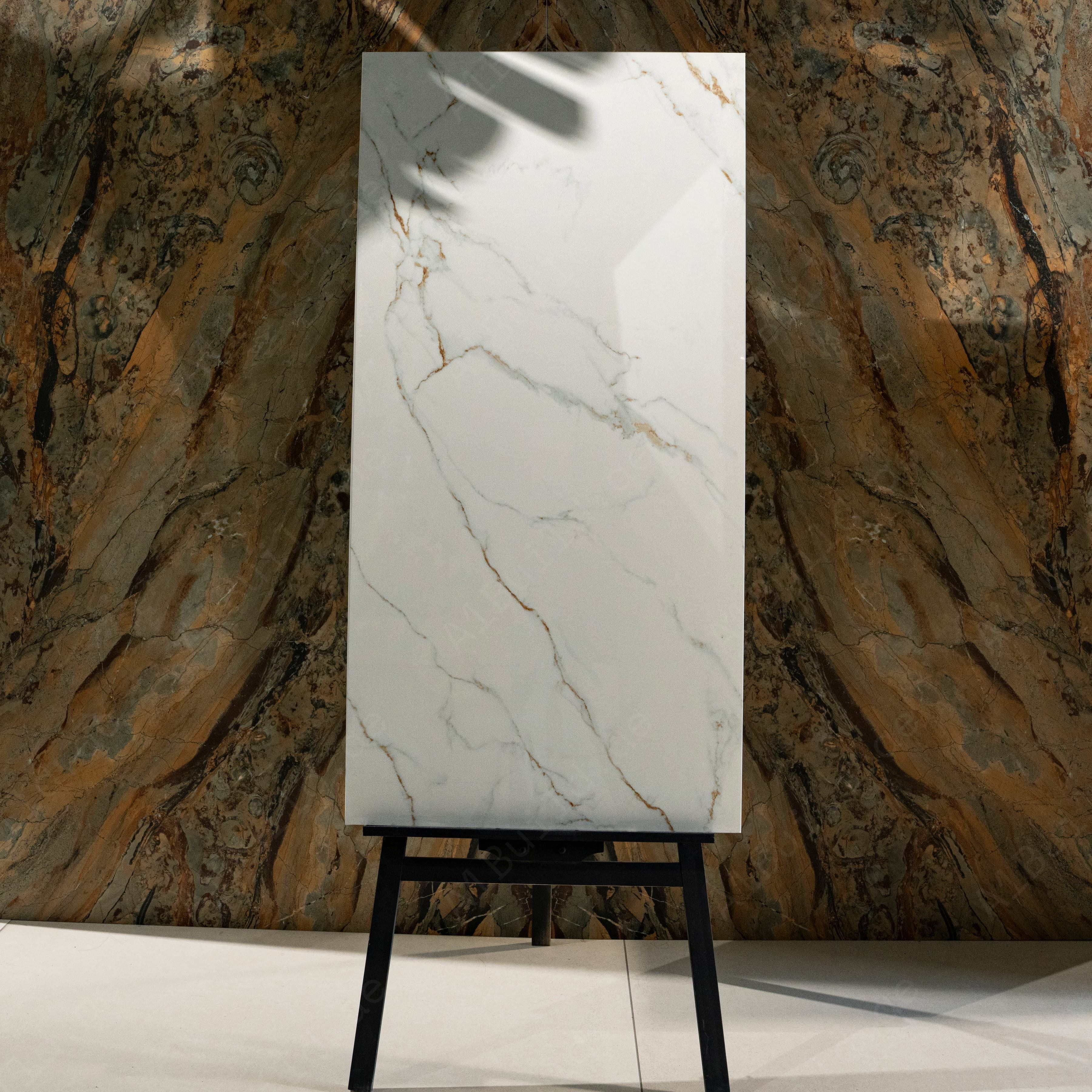 Vanity White Glossy Porcelain Tile 60x120cm | White Gold Veined Calacatta Marble Look Large Format Floor & Wall Tile UAE
