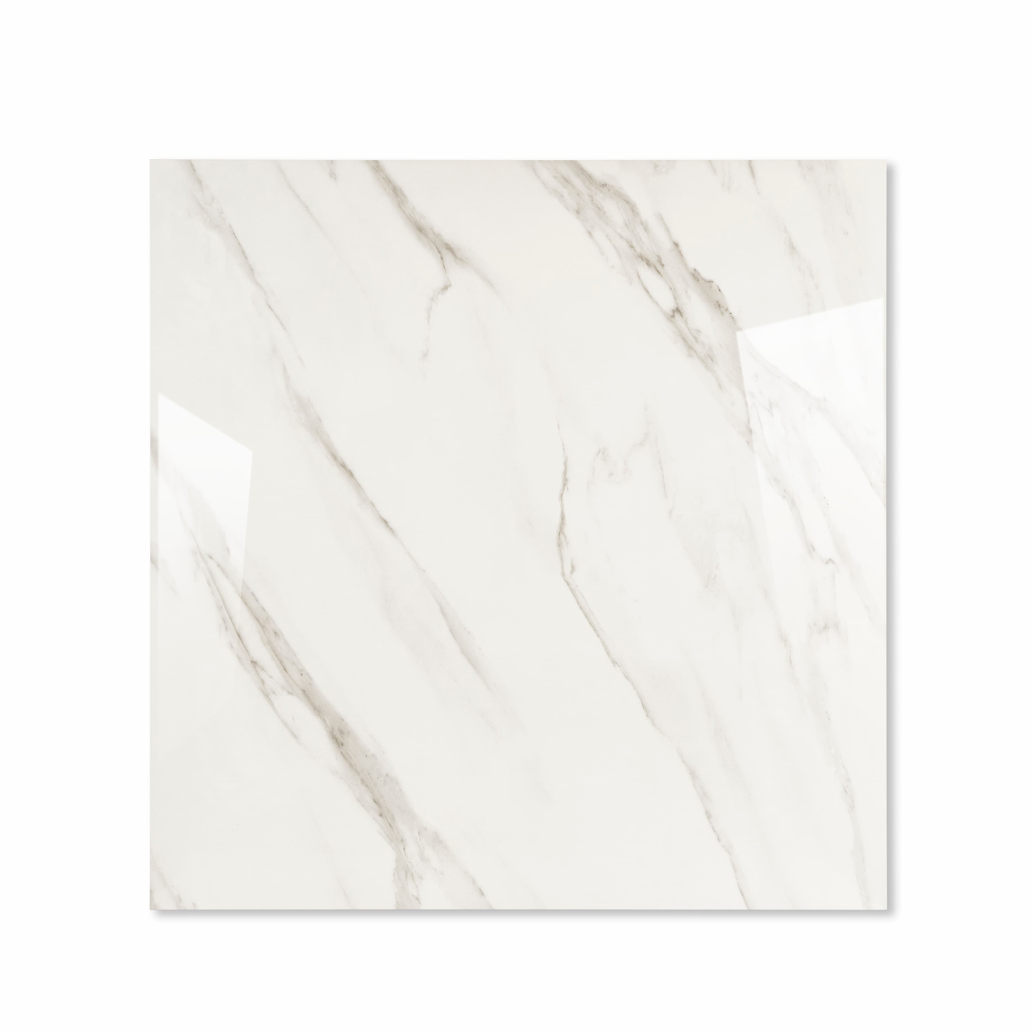 Top view of Statuario Angel pure white polished porcelain floor tile 120x120cm with dramatic diagonal grey Statuario marble veining and mirror gloss finish