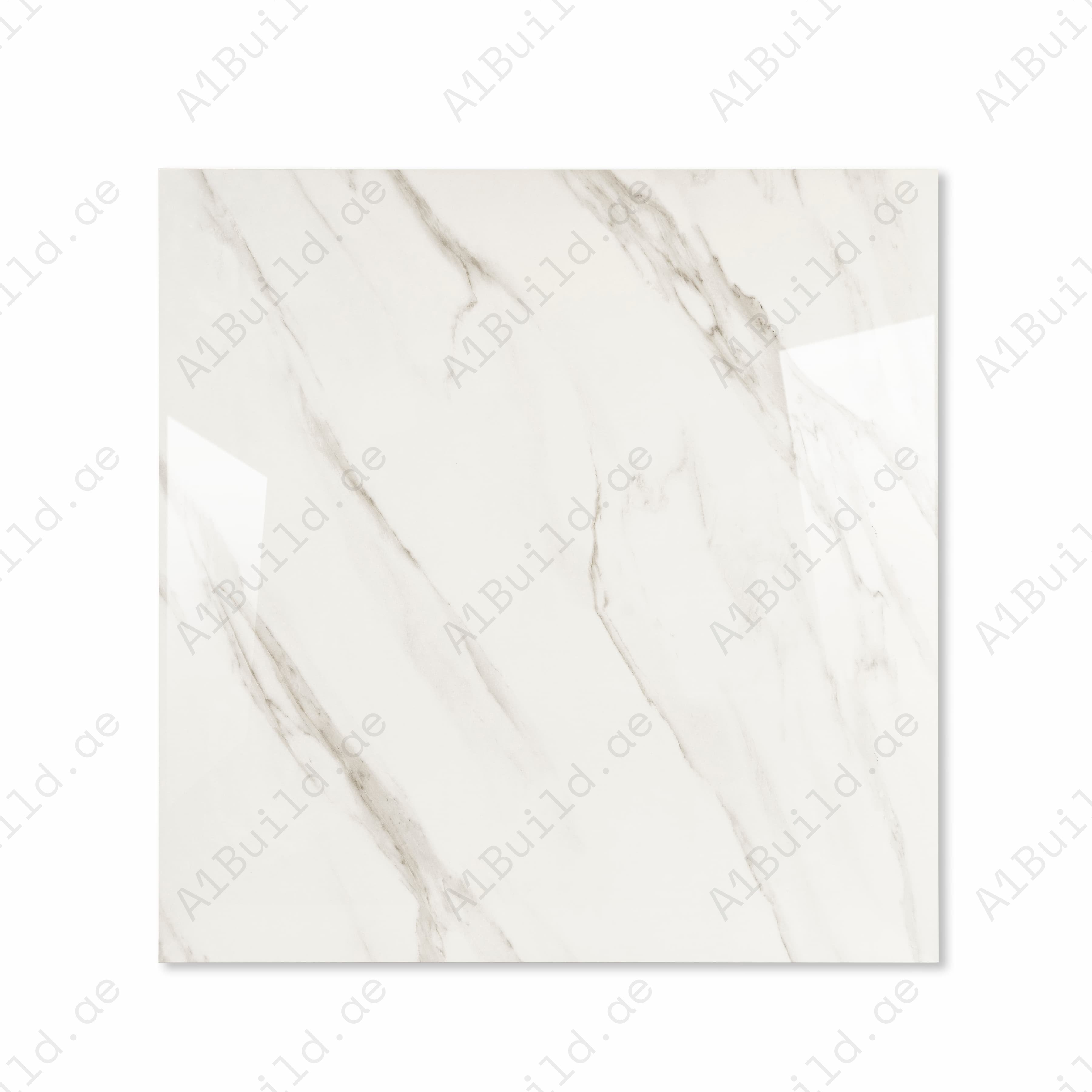 Top view of Statuario Angel pure white polished porcelain floor tile 120x120cm with dramatic diagonal grey Statuario marble veining and mirror gloss finish