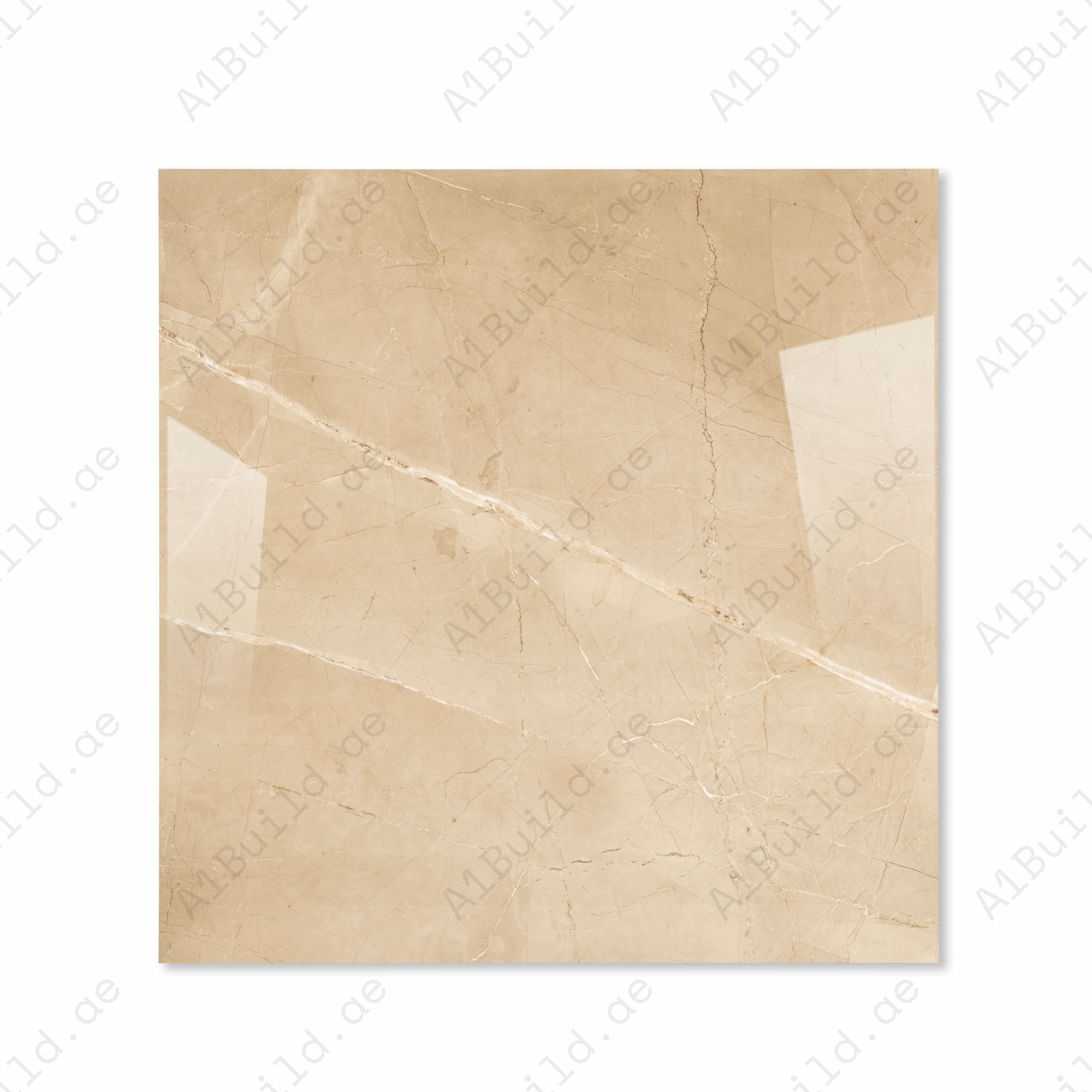 Top view of Armani Beige sandy caramel polished porcelain floor tile 120x120cm with fine hairline beige marble veining and mirror gloss finish