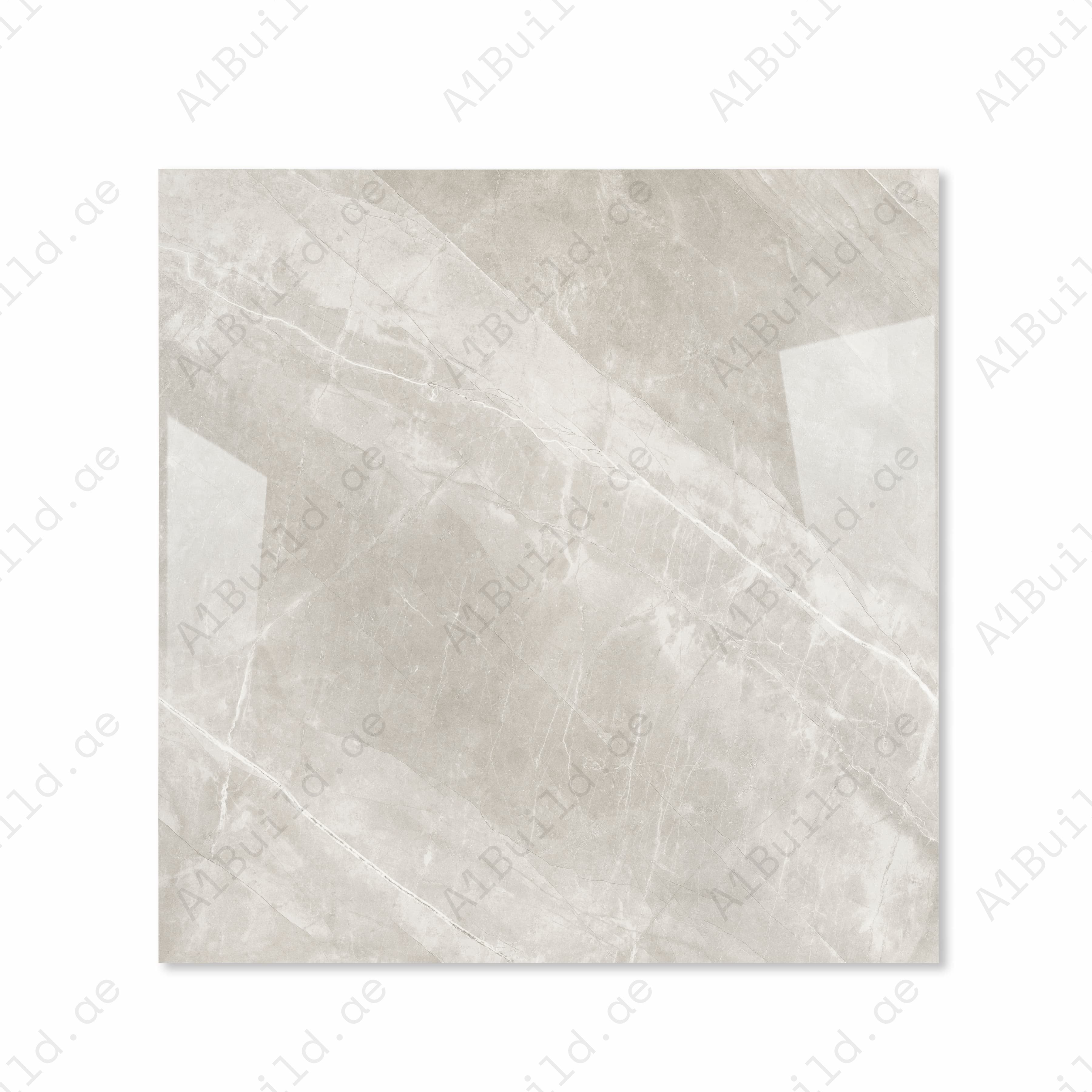 Top view of Armani Romano dove greige polished porcelain floor tile 120x120cm with diagonal grey marble veining and mirror gloss finish
