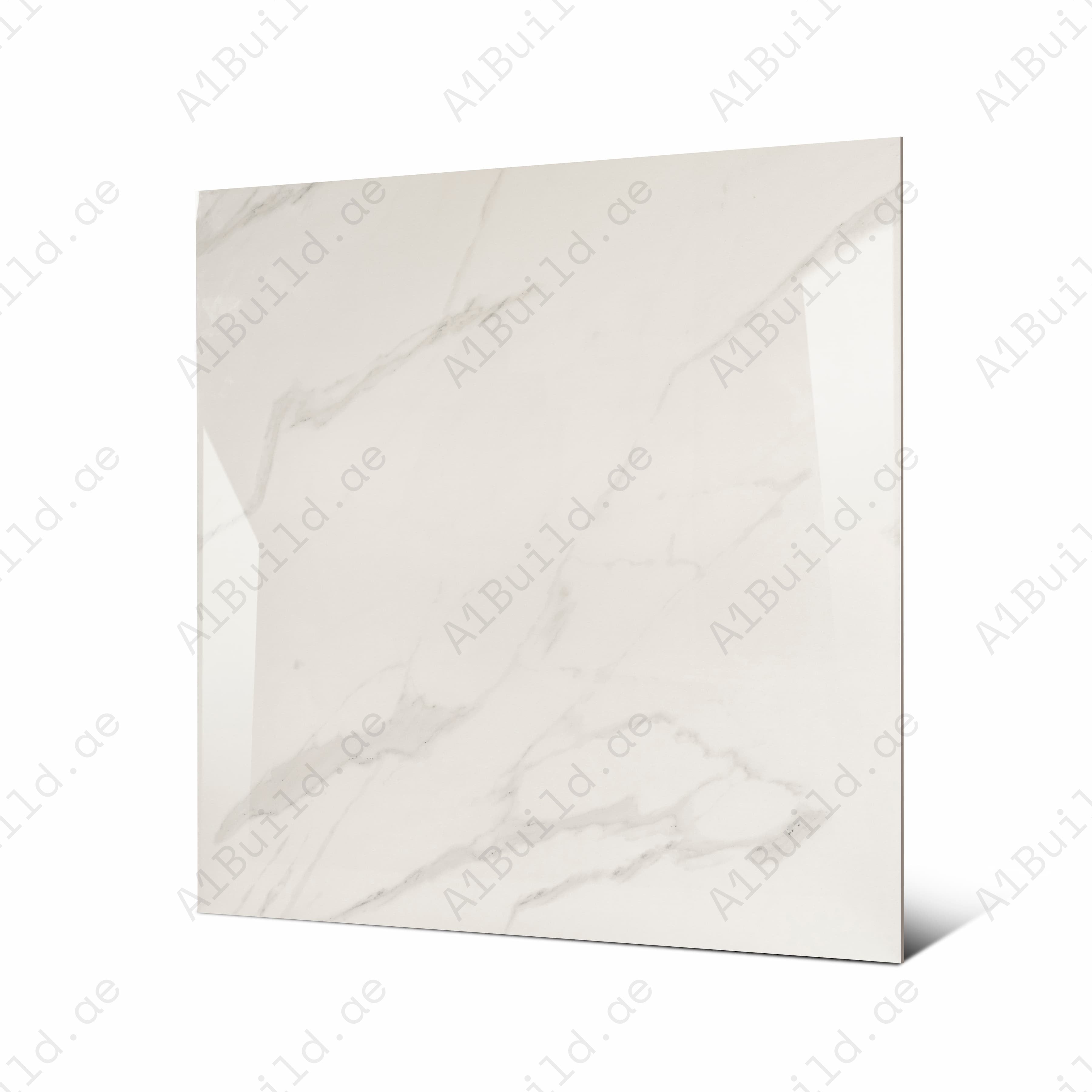 Angled view of Elite White large format glossy white marble effect porcelain tile showing reflective polished surface and rectified edge