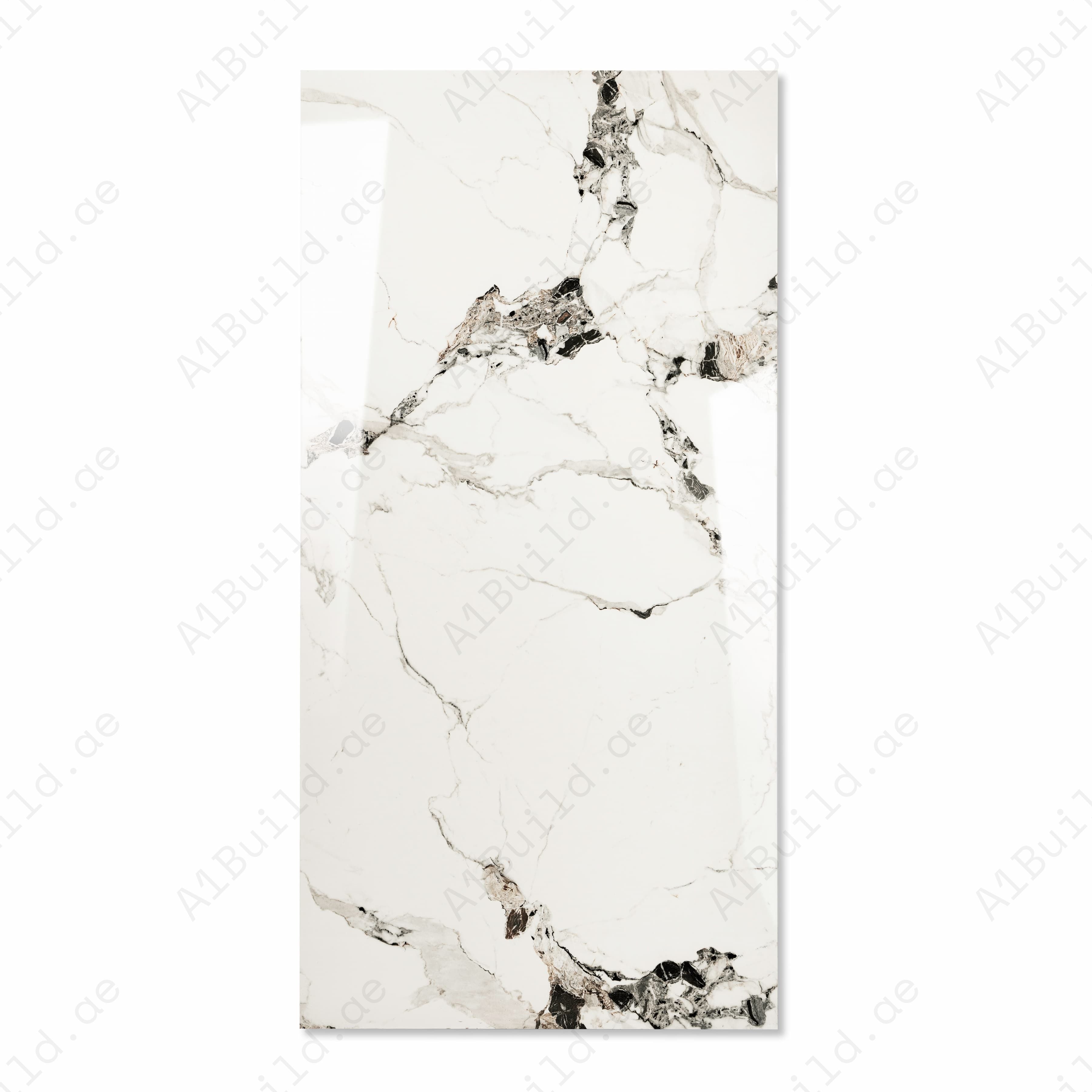 Calcatta Paris White Glossy Porcelain Tile 60x120cm | Bold Black Gold Marble Look | High Gloss Large Format Floor & Wall Tile UAE