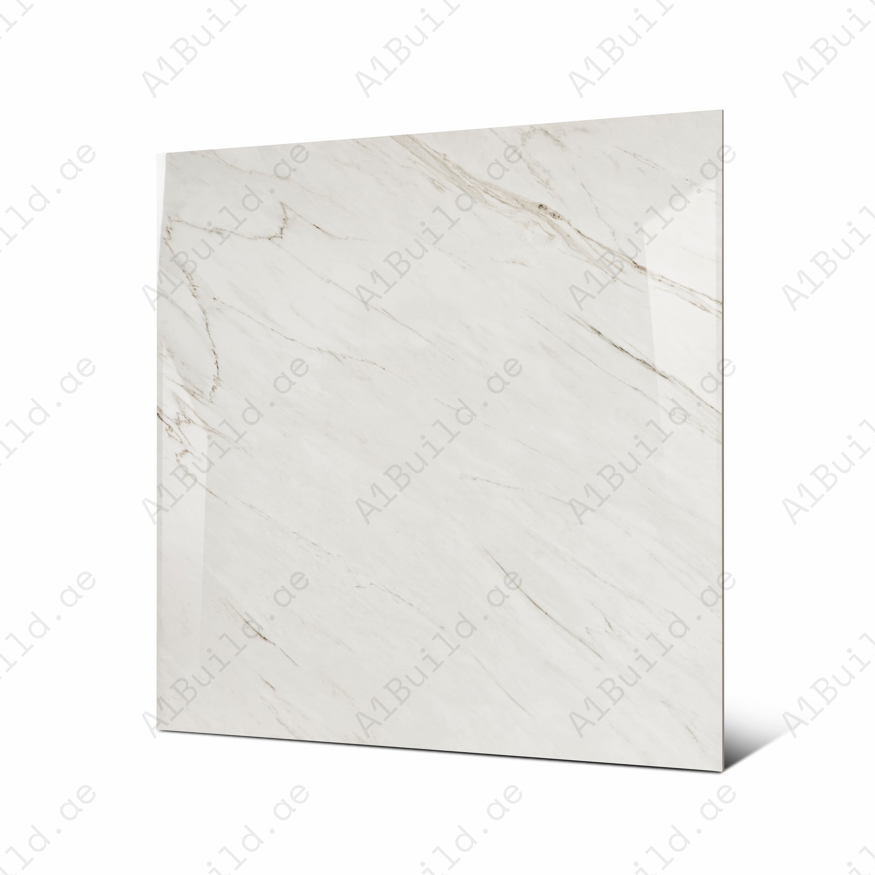 Angled view of Cavallo large format glossy warm-veined marble effect porcelain tile showing reflective surface and rectified edge