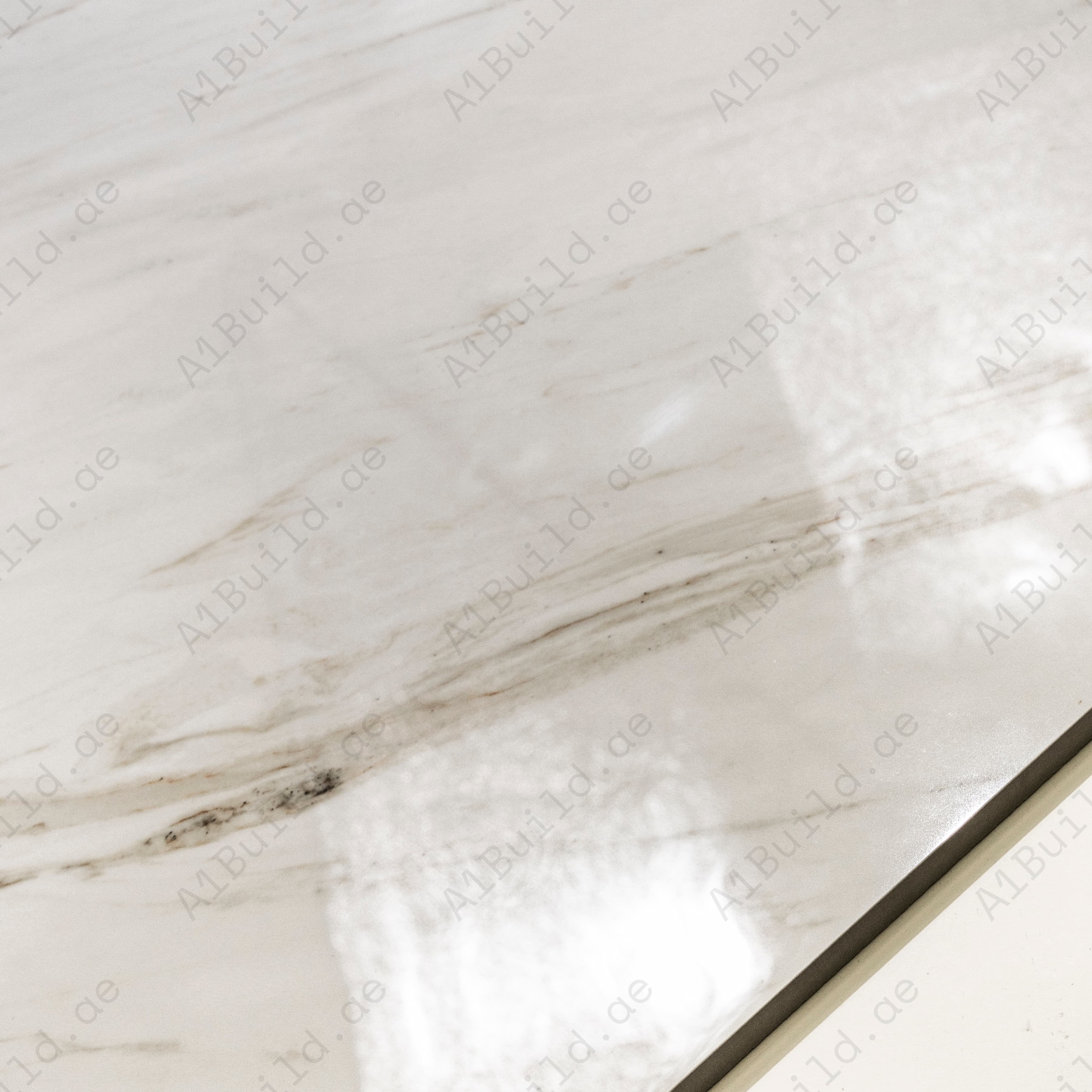 Close-up of Cavallo high-gloss polished porcelain surface revealing rich brown-amber Italian marble veining detail