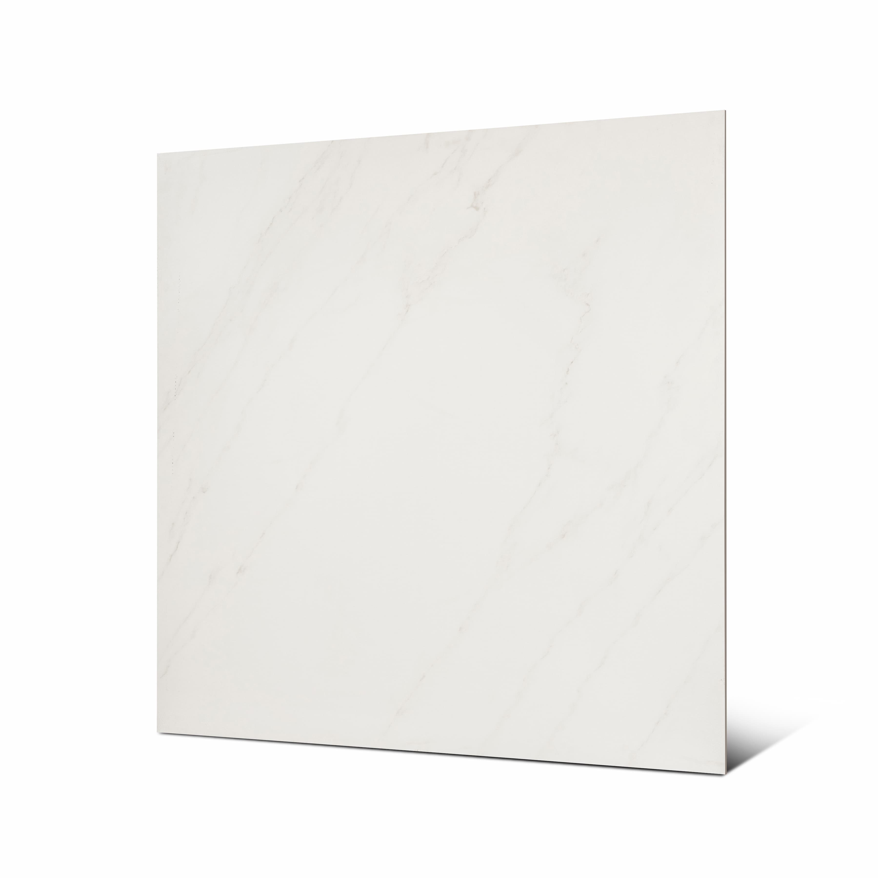 Angled view of Arena Shine large format clean white marble effect porcelain tile showing matte finish and rectified edge