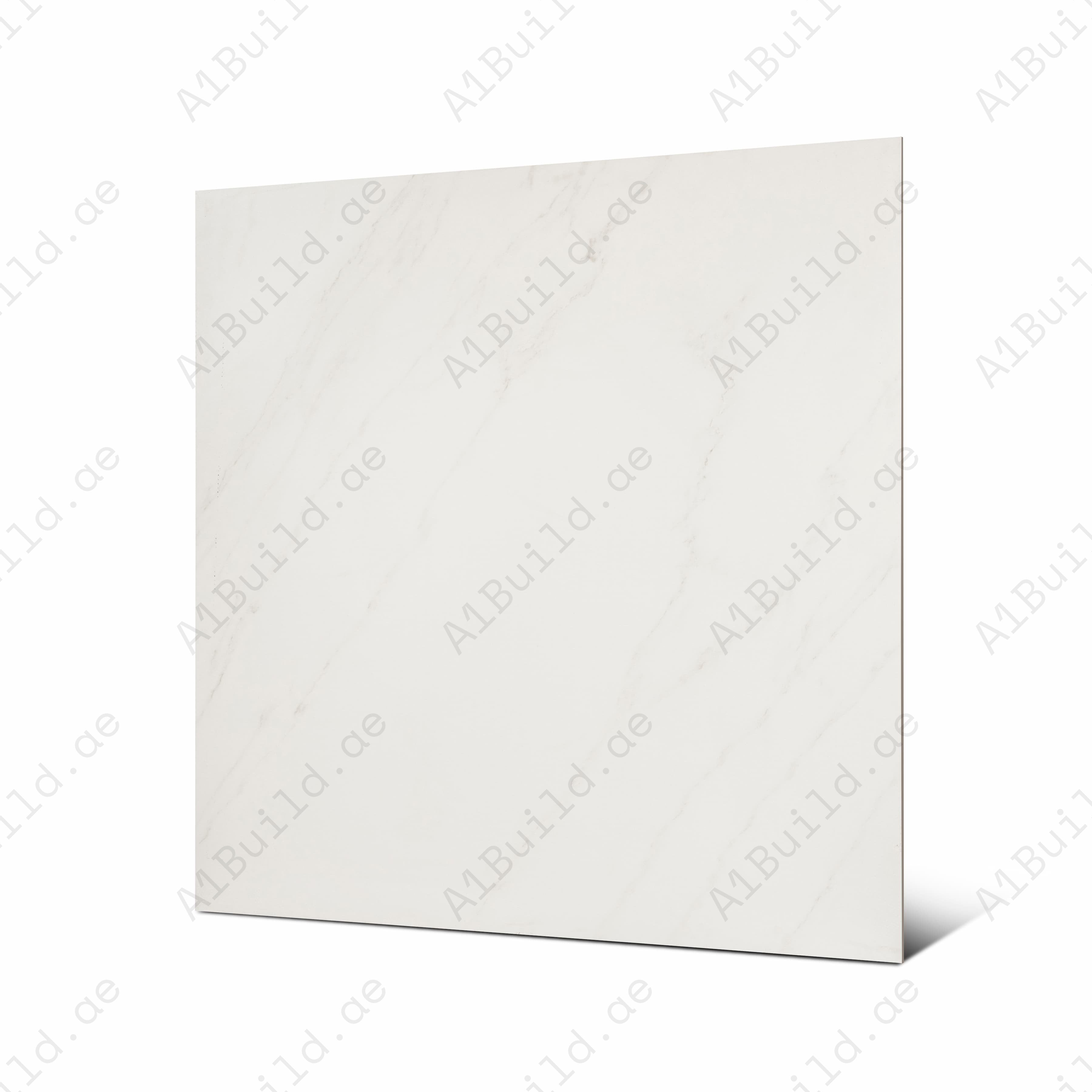 Angled view of Arena Shine large format clean white marble effect porcelain tile showing matte finish and rectified edge