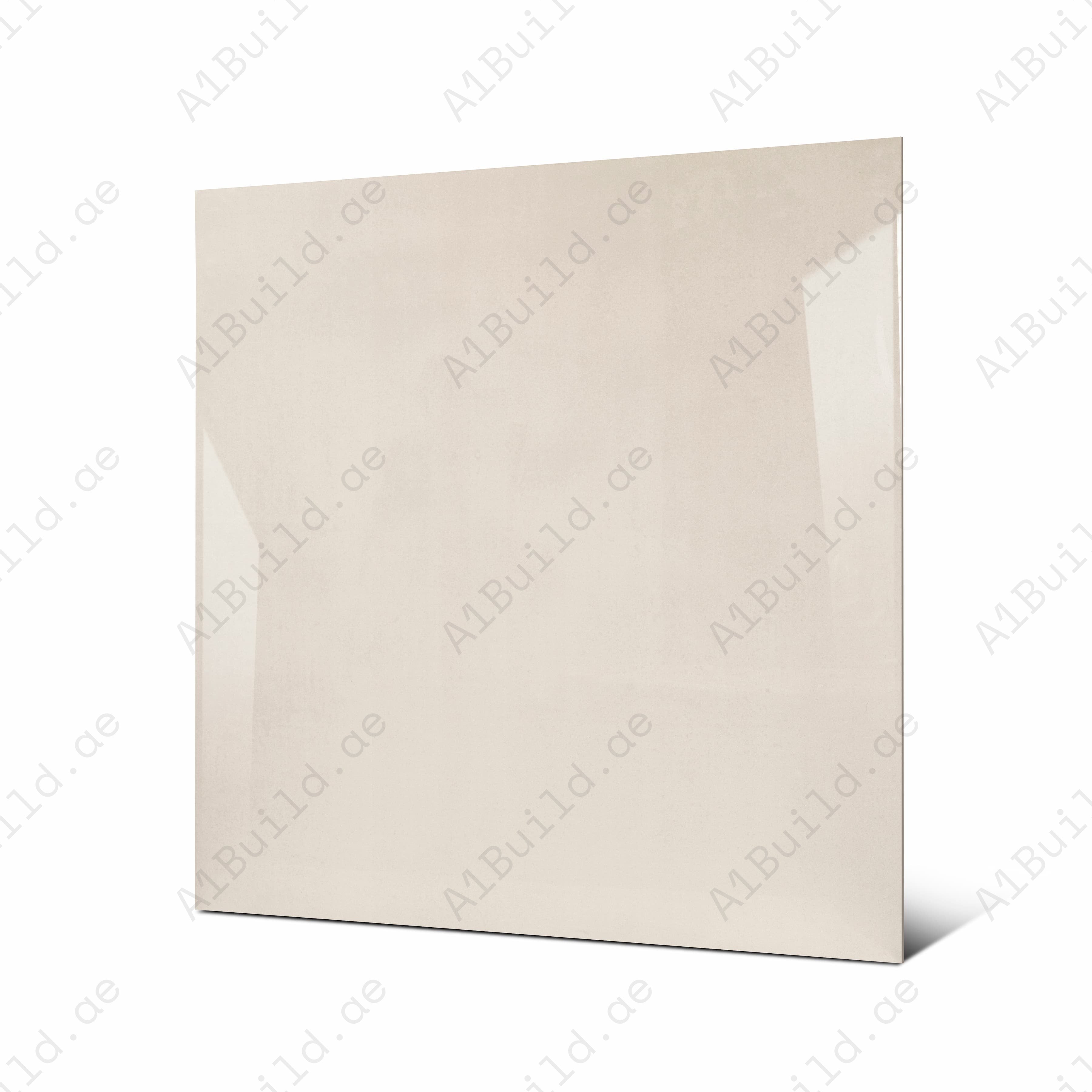 Portland Bianco large format porcelain tile angled view highlighting high-gloss cream finish and rectified edges