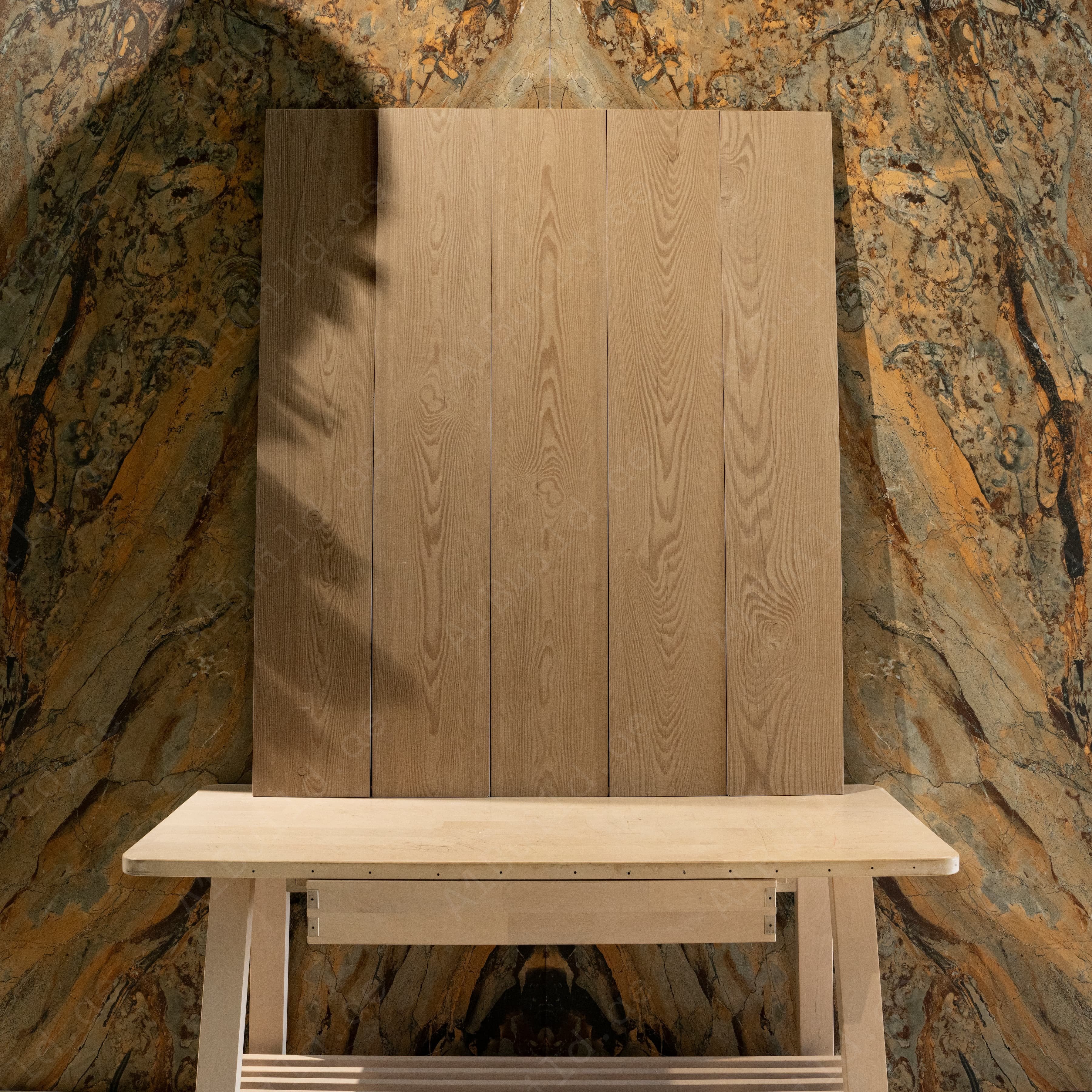Warm cream wood-look porcelain tile lifestyle shot highlighting texture and finish