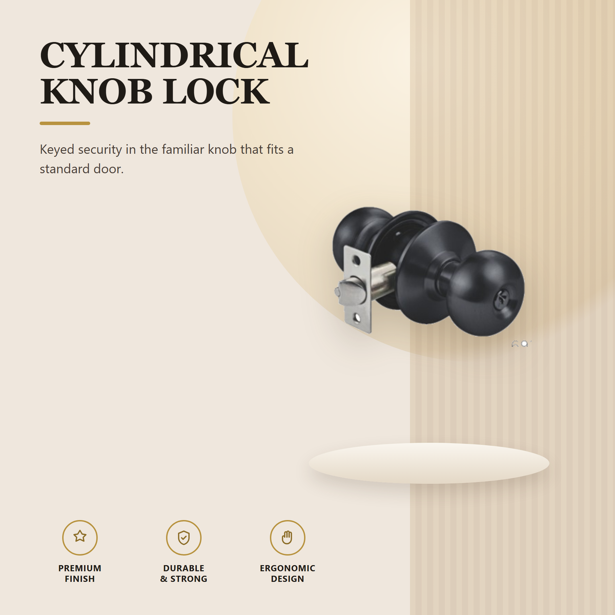 691.AD.BLK-L premium cylindrical knob lock from the Stainless Steel Door Lock Series. Backset 60 or 70 mm, fits doors 35 to 50 mm thick, 5-pin cylinder. Built for smooth, reliable everyday use.