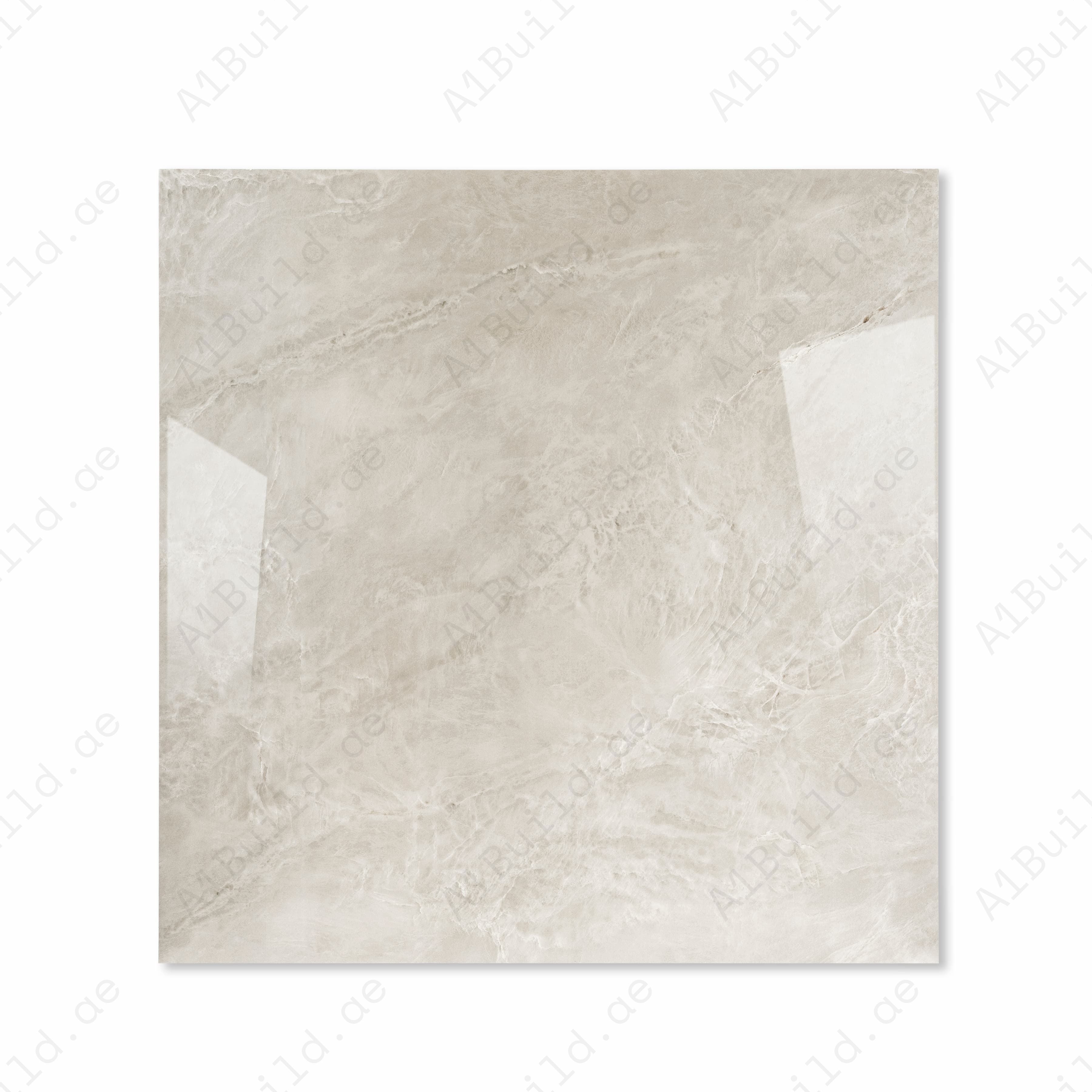 Top view of Royal Beige marble-effect porcelain tile with warm sandy tones and glossy finish