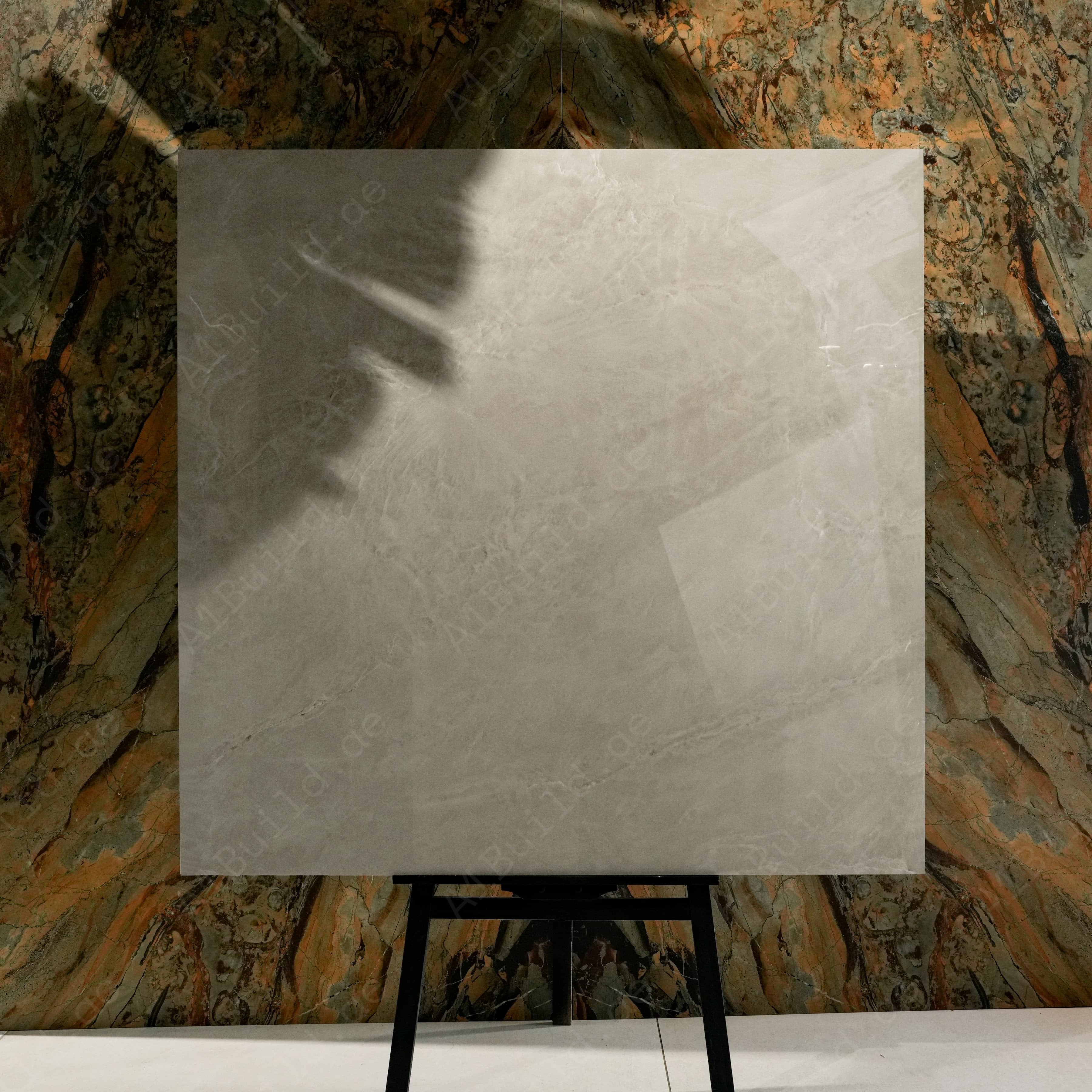 Royal Beige Glossy 120x120 porcelain tile displayed on easel against natural marble backdrop in UAE showroom