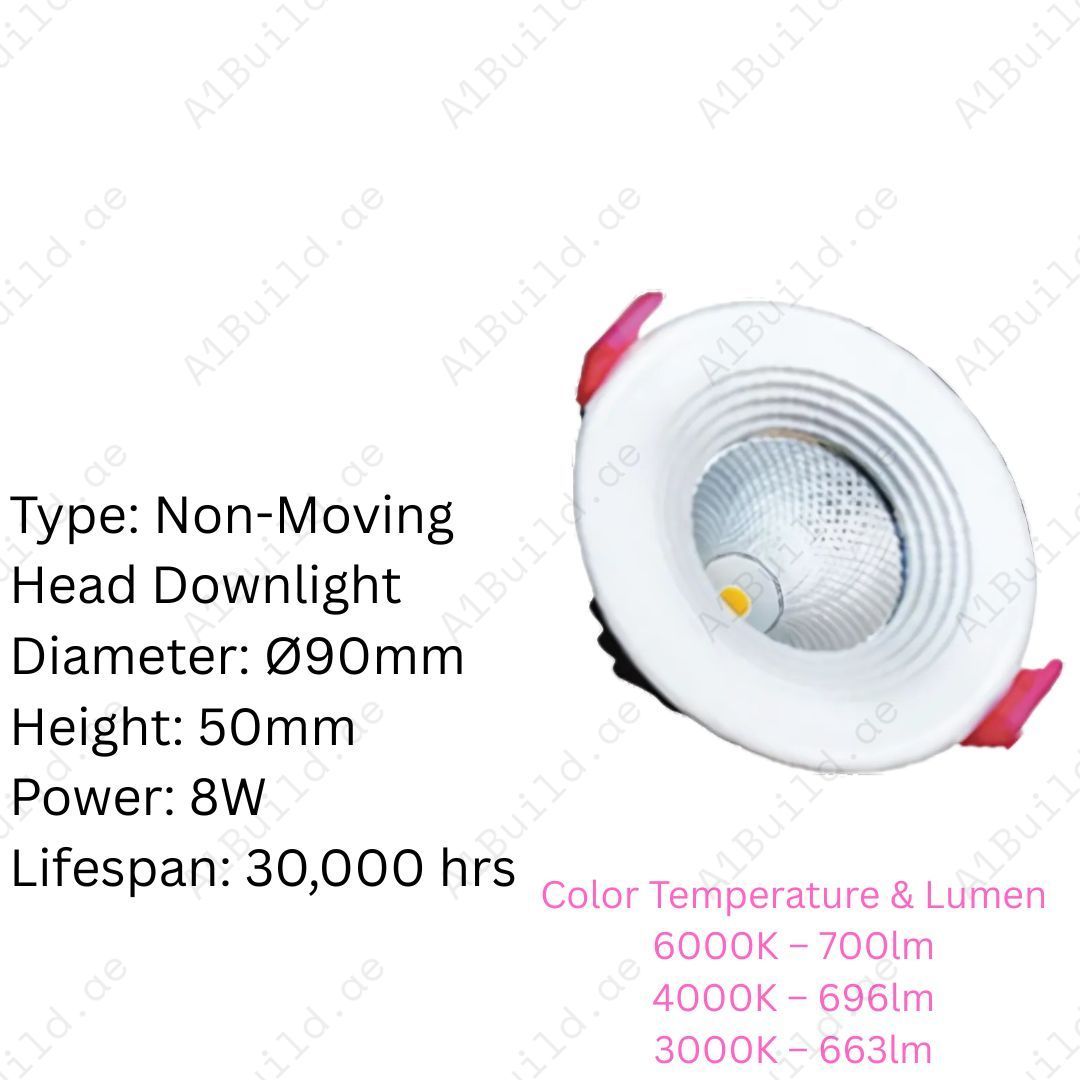 Premium 8W LED Downlight with CREE LED, up to 700lm brightness. Long 30,000hrs lifespan, 80% energy saving. Available in 6000K, 4000K, and 3000K.