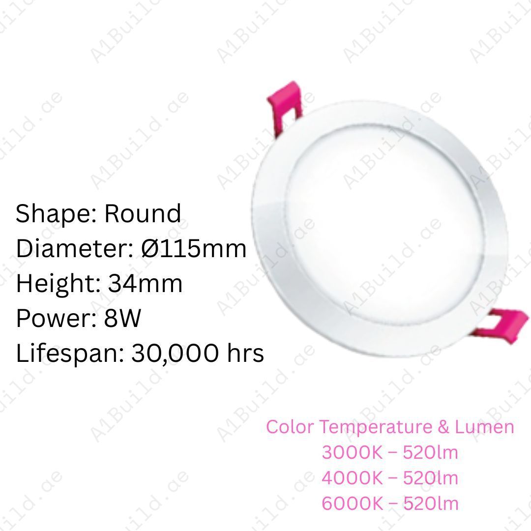 8W LED Panel Downlight with 520lm brightness, 120° beam angle & 30,000hrs lifespan. Slim, energy-saving recessed ceiling light for modern interiors.