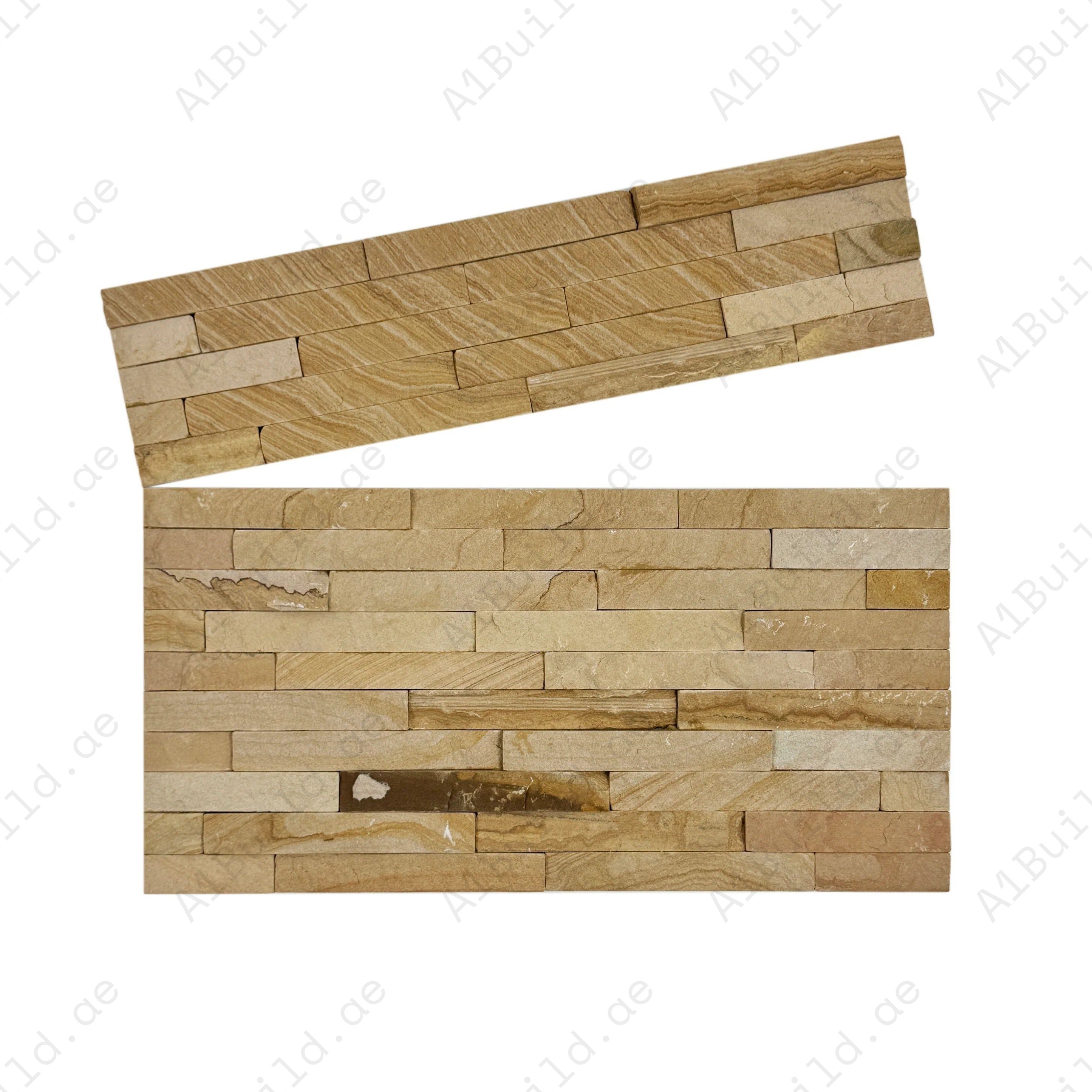 Add rustic charm with Luxe Aura Light Fawn sandstone wall cladding. Split teakwood finish, durable & stylish for feature walls, fireplaces & exterior facades.
