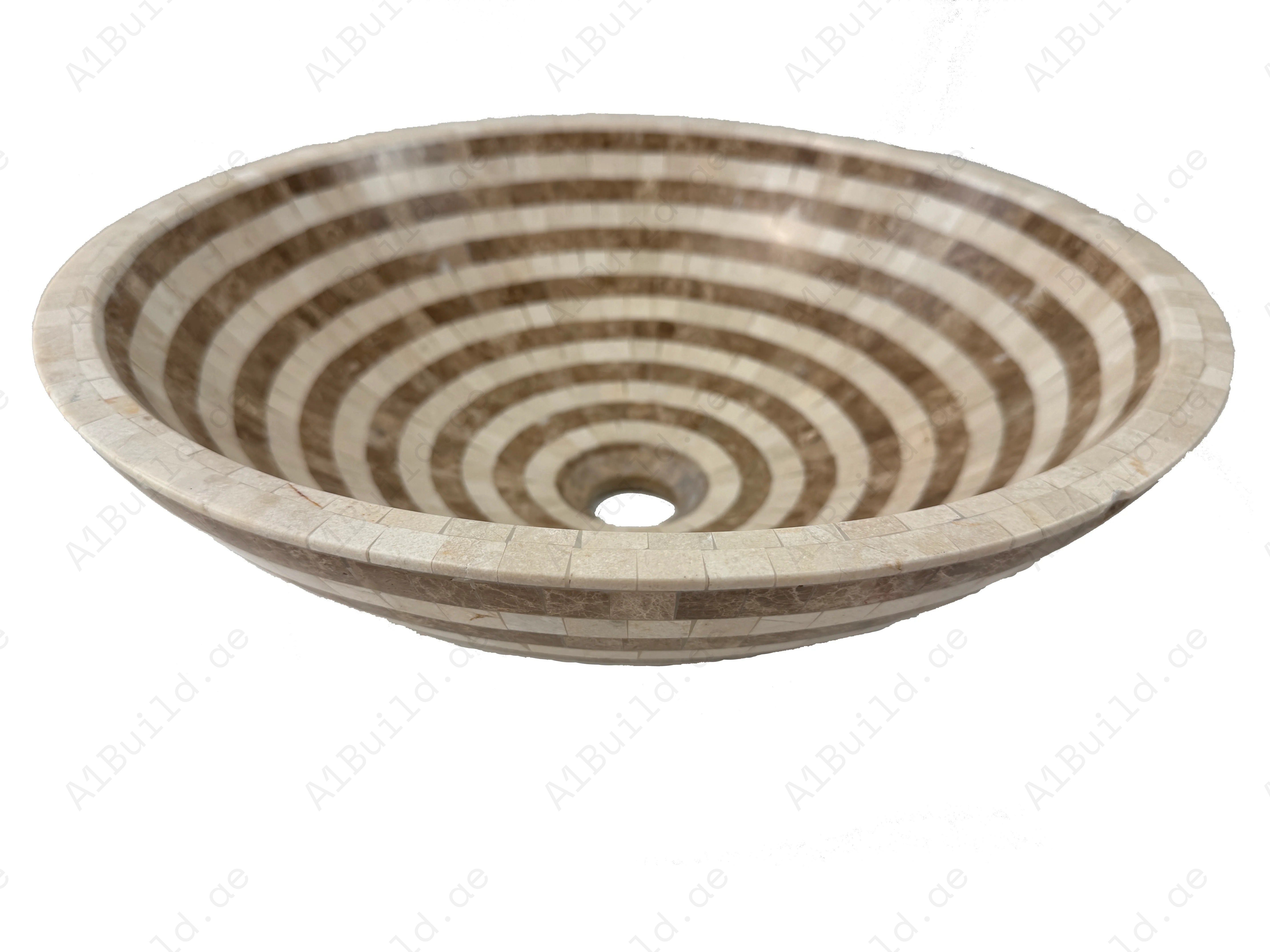 Add timeless charm to your bathroom with the Marble Muse Light Emperador & Crema Marfil Round Marble Basin, blending natural elegance with polished durability.