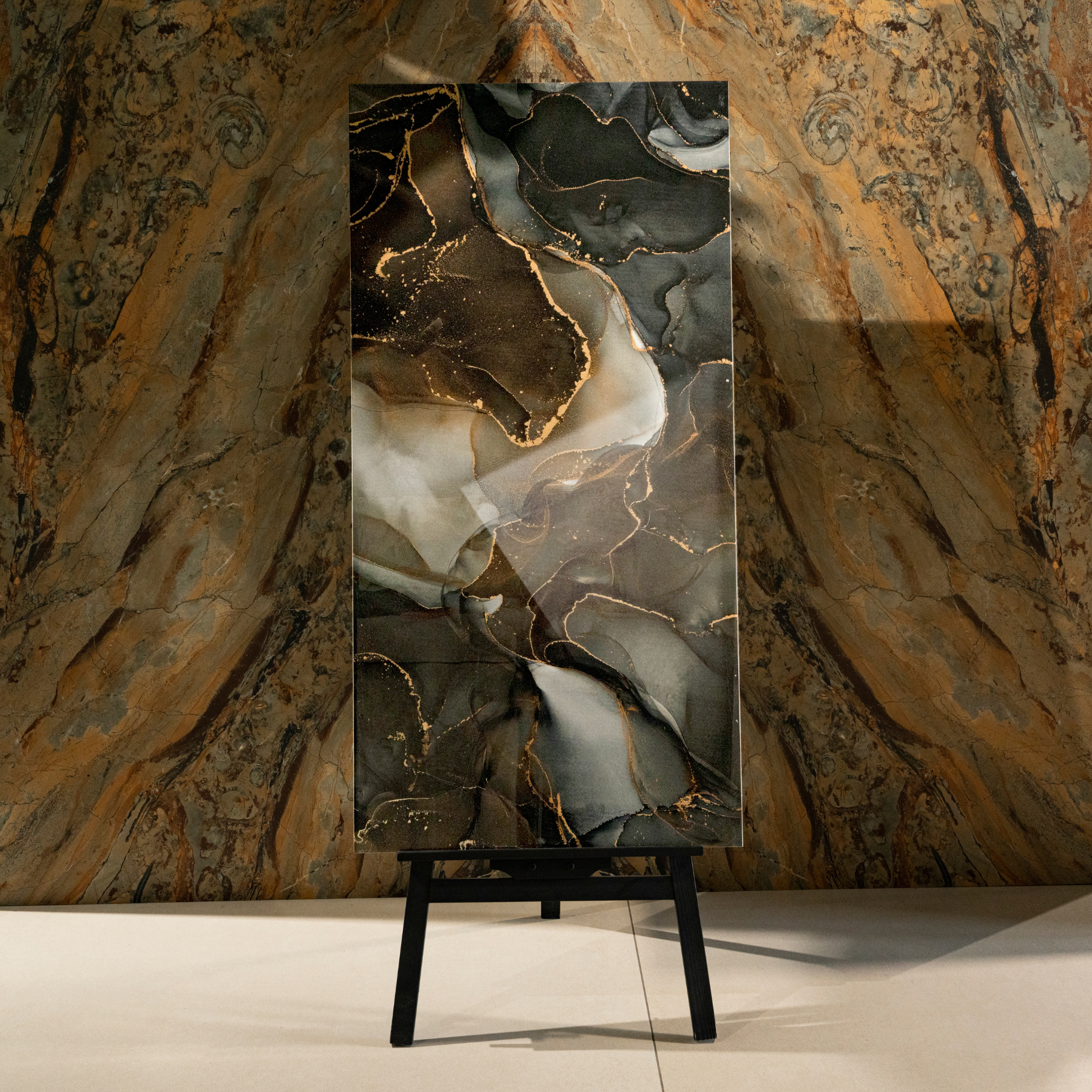 Alandec Black porcelain tile 60x120cm 9mm thickness, bold marble look design, durable porcelain, ideal for luxury floors and walls.