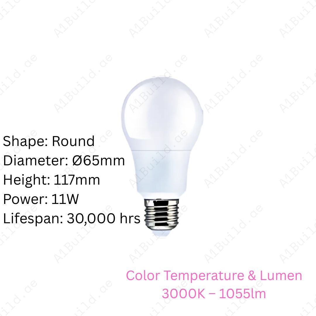 Anar 11W LED Bulb with E27 base. 3000K warm white, 1055lm brightness, 30,000hrs lifespan, 80% energy saving, ideal for home and office indoor lighting.