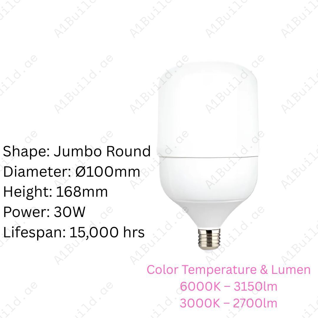 Anar 30W Jumbo LED Bulb with E27 base. Up to 3150lm brightness, 6000K & 3000K options, 15,000hrs lifespan, 80% energy saving. Perfect for large indoor spaces.