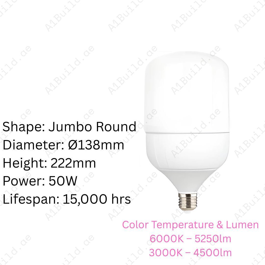 Anar Jumbo 50W LED Bulb with E27 base delivers up to 5250lm brightness in 6000K cool white or 3000K warm white. 15,000hrs lifespan, 80% energy saving.