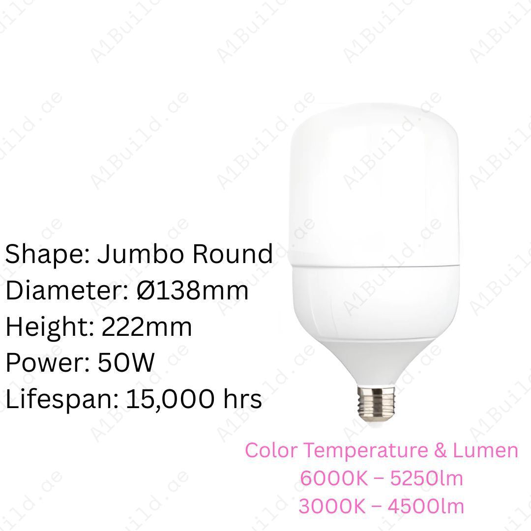 Anar Jumbo 50W LED Bulb with E27 base delivers up to 5250lm brightness in 6000K cool white or 3000K warm white. 15,000hrs lifespan, 80% energy saving.