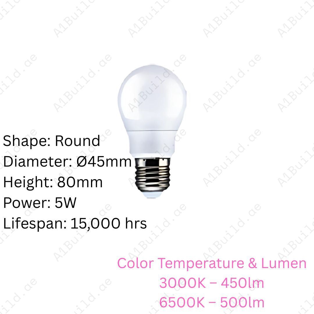 Anar 5W LED Bulb with E27 base. 3000K & 6500K options, 450–500lm brightness, 280° wide beam, 15,000hrs lifespan, and 80% energy saving.