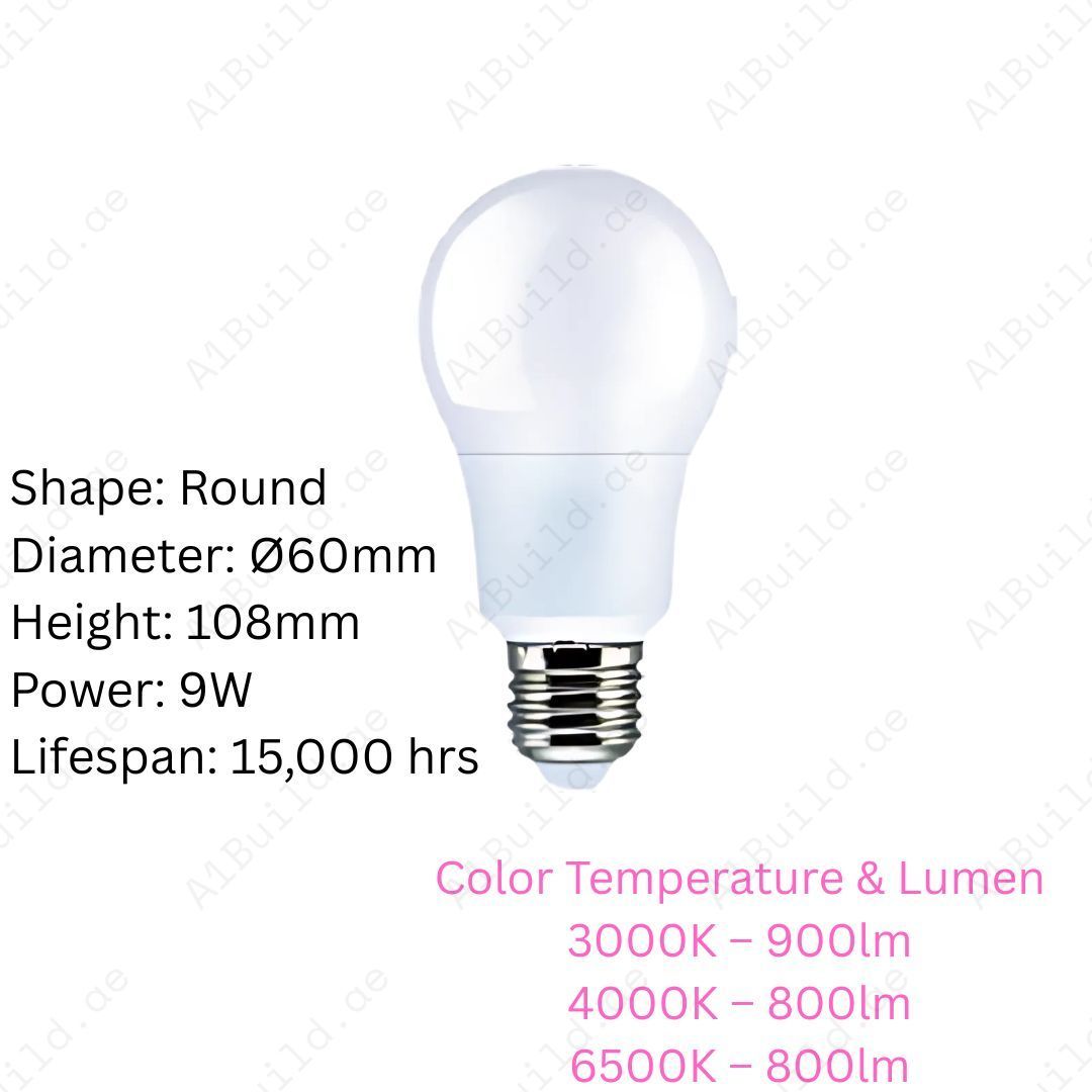 Anar 9W LED Bulb with E27 base. 3000K, 4000K & 6500K options, 800–900lm brightness, 180° wide beam, 15,000hrs lifespan, and 80% energy saving.