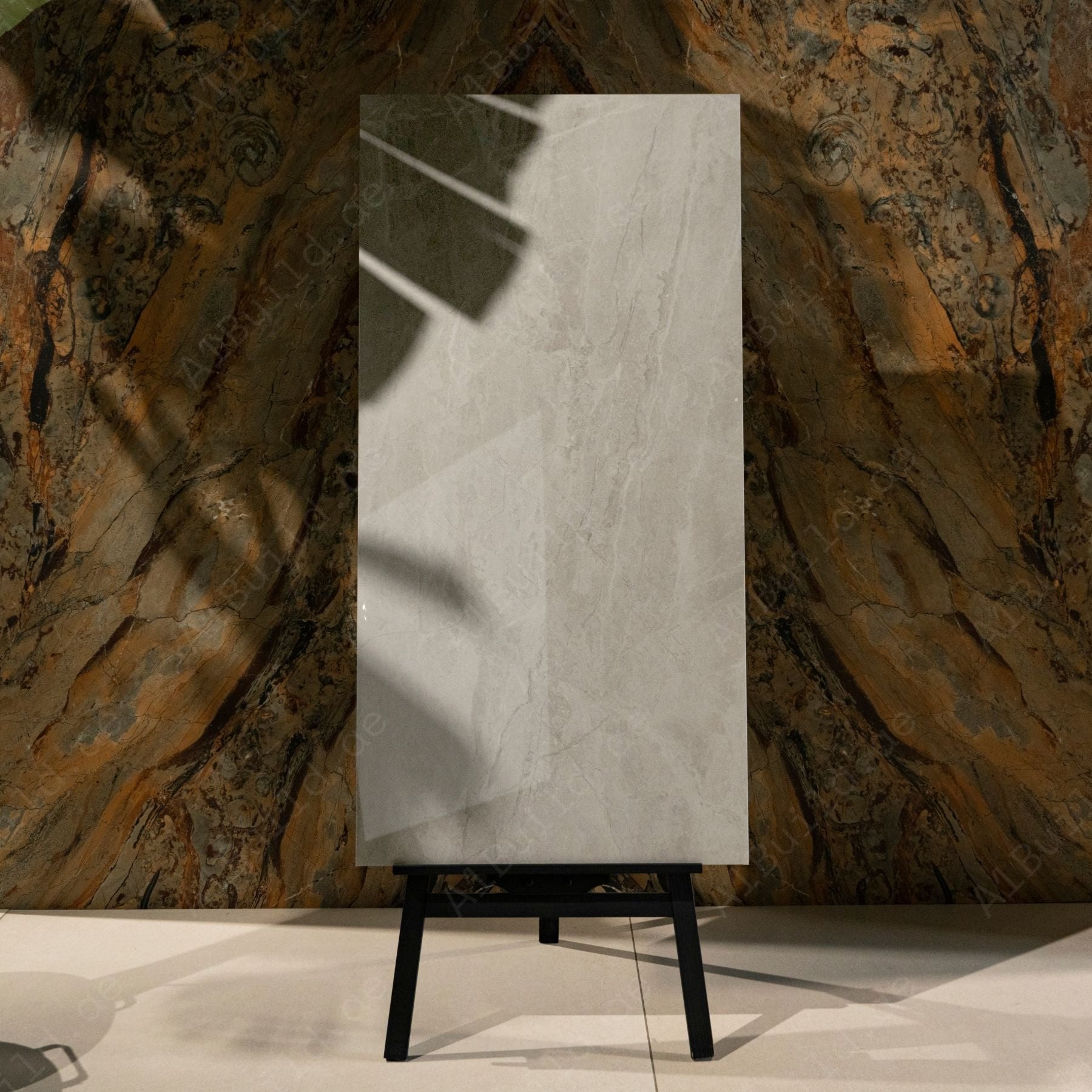 Androsh Grey glossy stone effect porcelain tile 60x120cm with 9mm thickness offers modern grey tones for elegant interiors.
