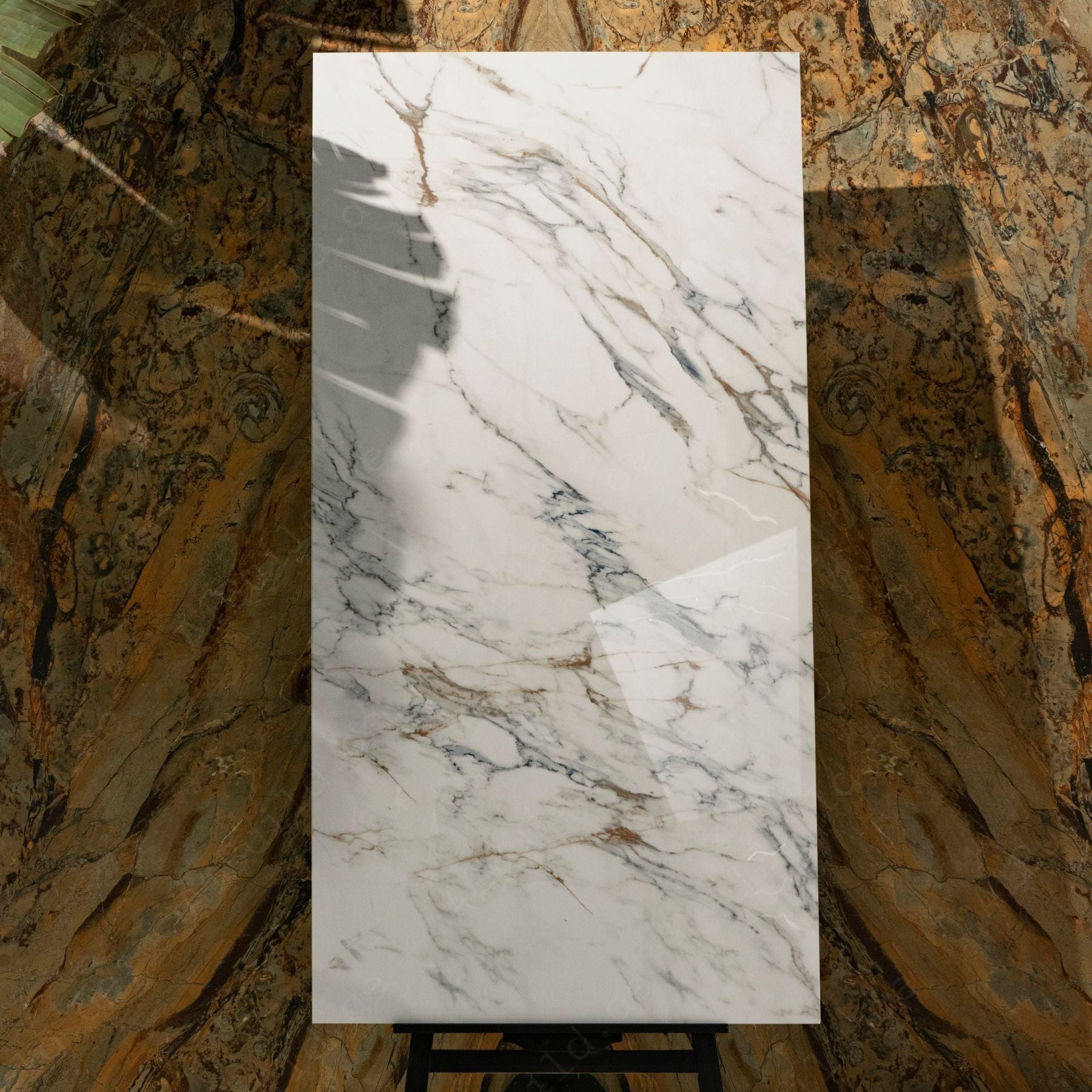 Aristo Statuario 80x160cm glossy porcelain tile, 09mm thick with bold marble veining. Elegant high-gloss finish, perfect for luxury interiors.