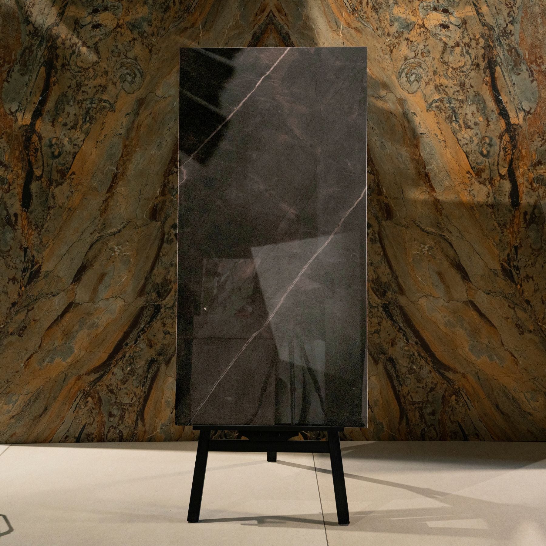 Armani Black glossy marble effect porcelain tile 60x120cm with 9mm thickness features deep black tones and polished luxury finish.