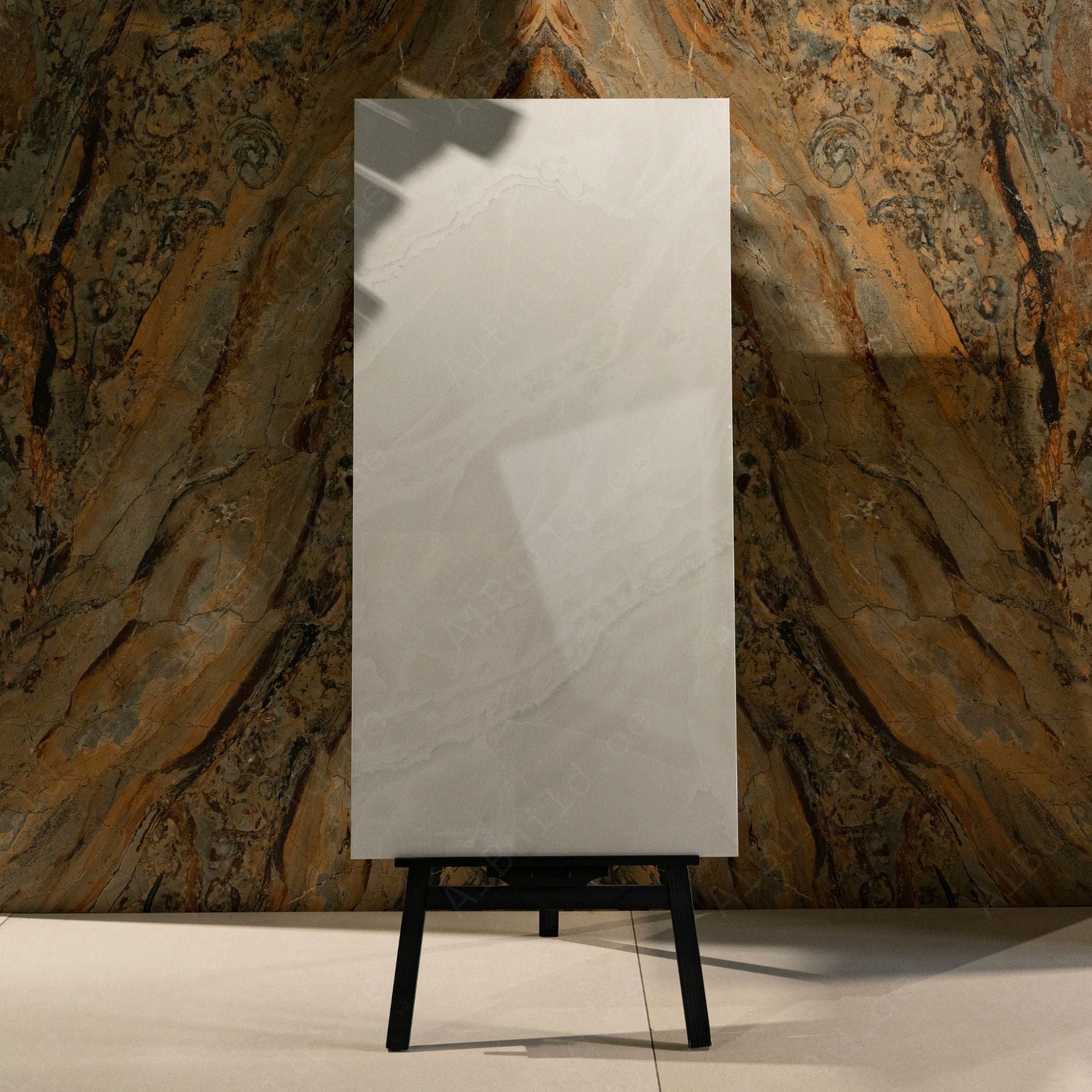 Artico Onyx Bianco glossy marble effect porcelain tile 60x120cm with 9mm thickness features white base, delicate veining, subtle onyx patterns & polished finish