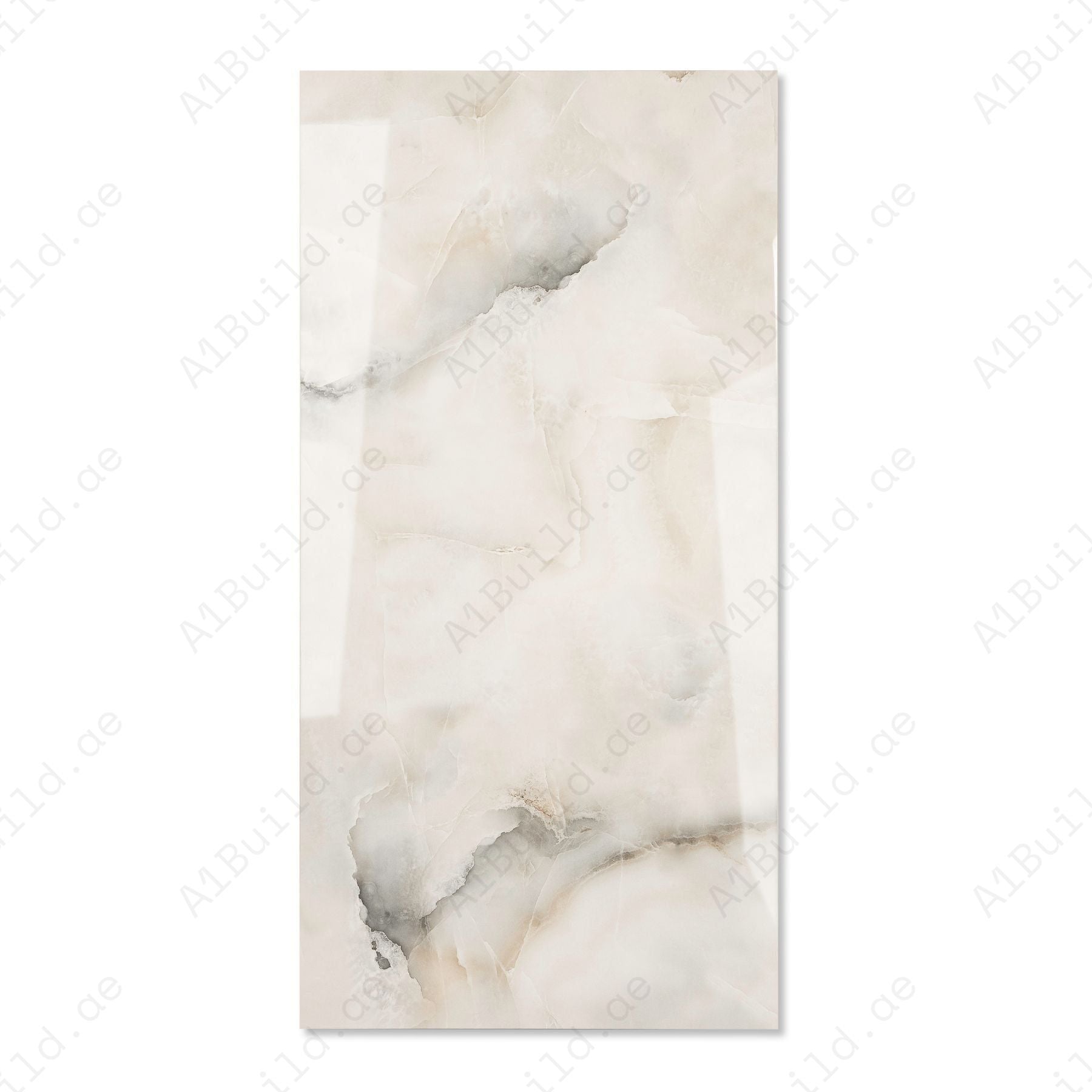 Aurora Pearl glossy marble porcelain tile 60x120cm with 9mm thickness features soft pearl tones, subtle veining and polished finish.