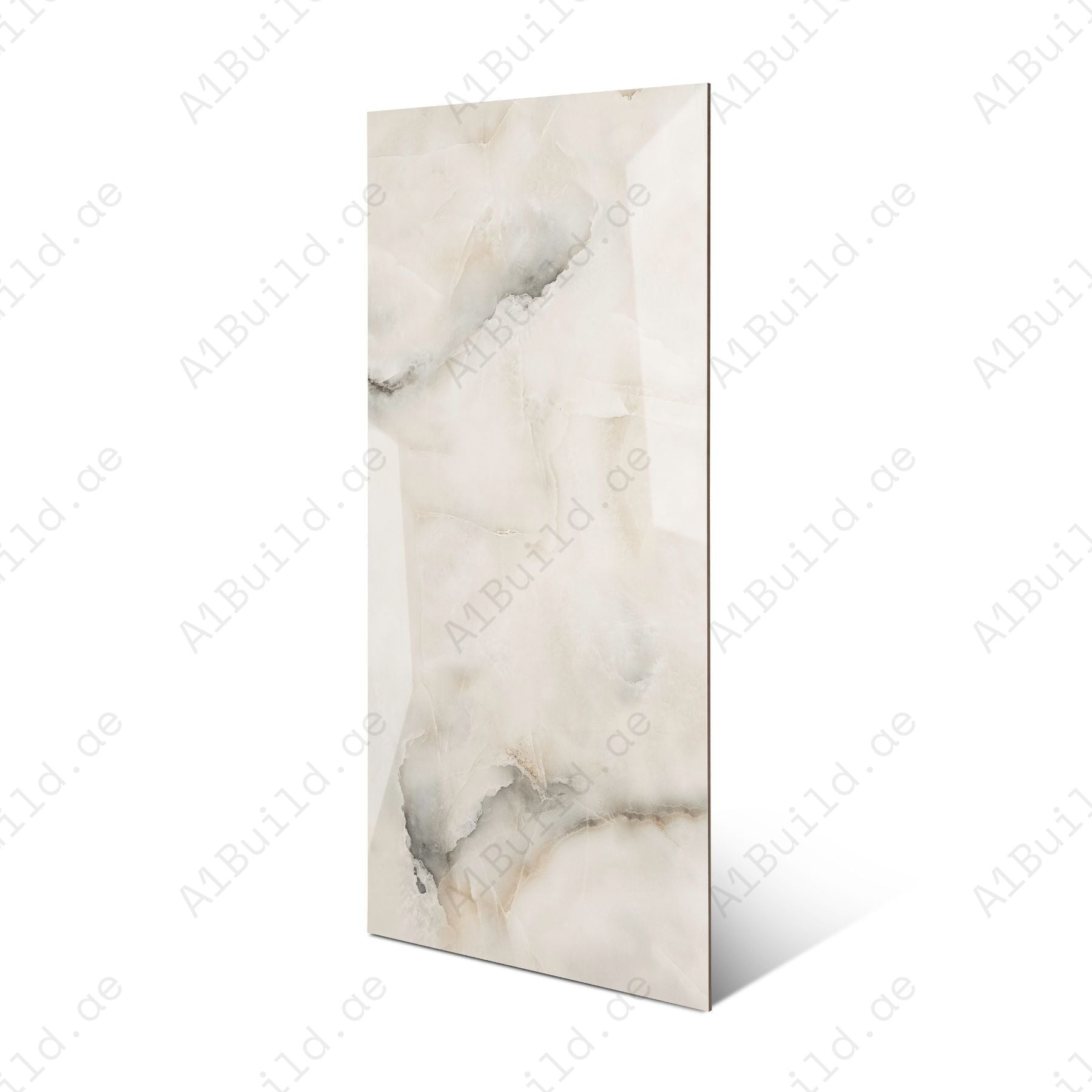 Aurora Pearl glossy marble porcelain tile 60x120cm with 9mm thickness features soft pearl tones, subtle veining and polished finish.