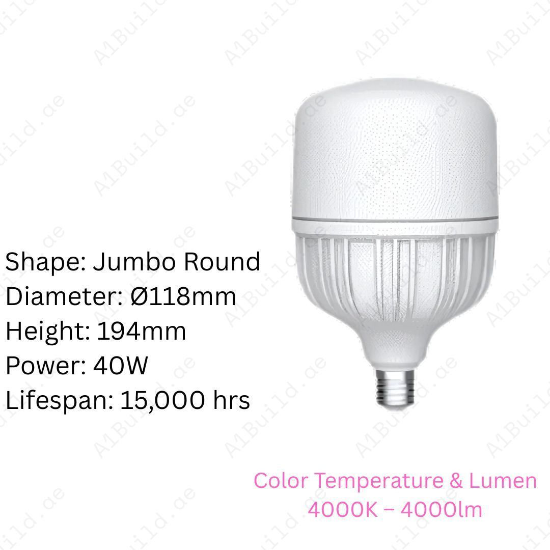 Ayham Jumbo 40W LED Bulb with E27 base, delivering 4000lm brightness in 4000K neutral white. 15,000hrs lifespan, 80% energy saving, perfect for large spaces.