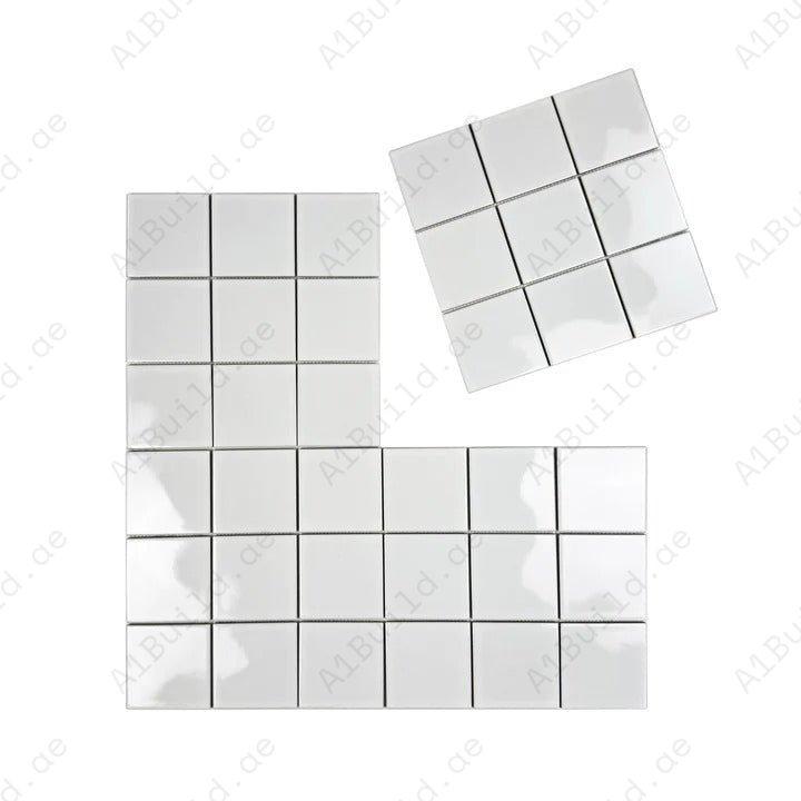 Azure Harmony White porcelain mosaic – 97x97mm tiles, 1.98 sqm/box, durable & water-resistant. Ideal for kitchens, bathrooms, and feature walls.