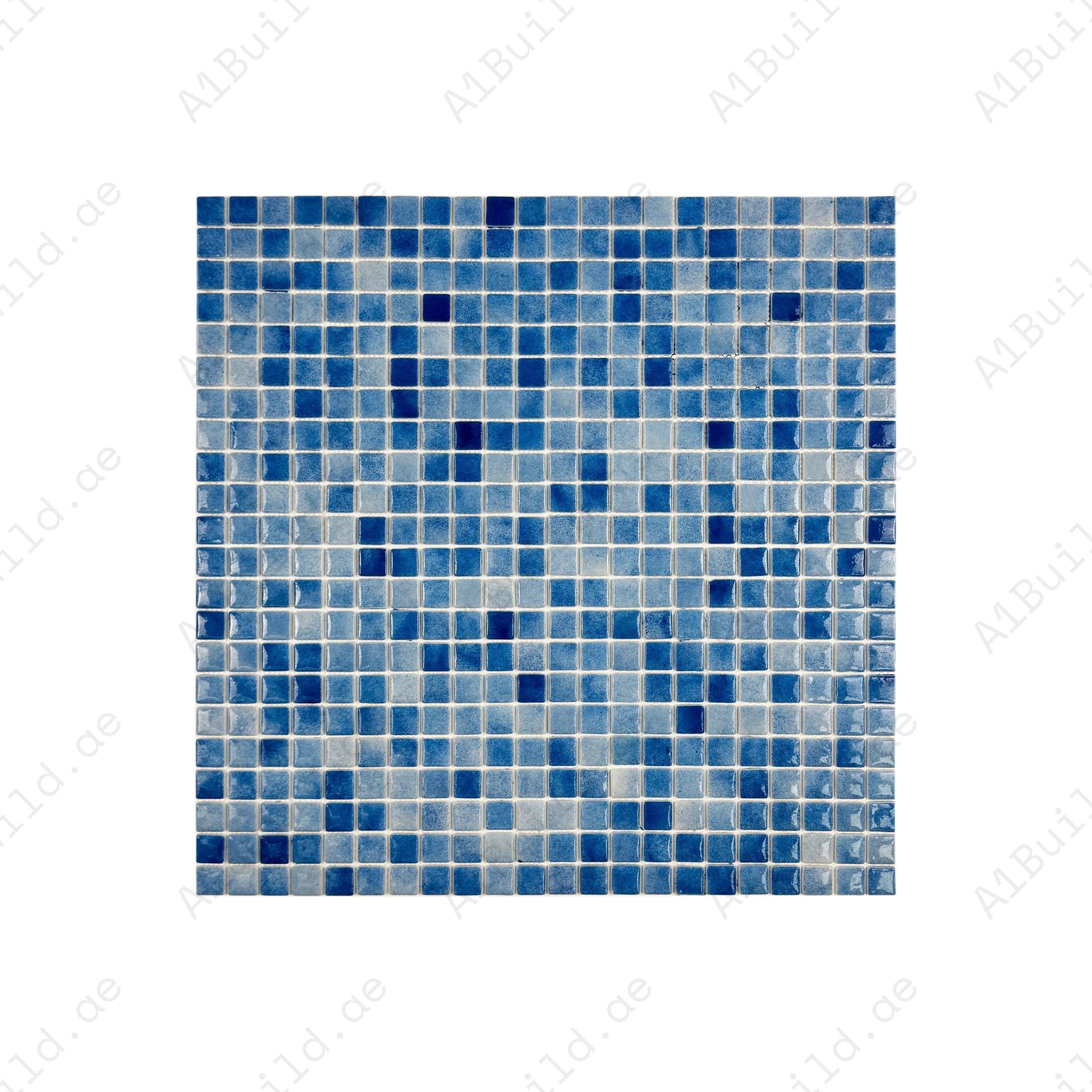 Azure & baby blue recycled glass mosaic tiles feature a glossy finish, eco-friendly design and long-lasting durability for pools, spas, water walls & wet areas.