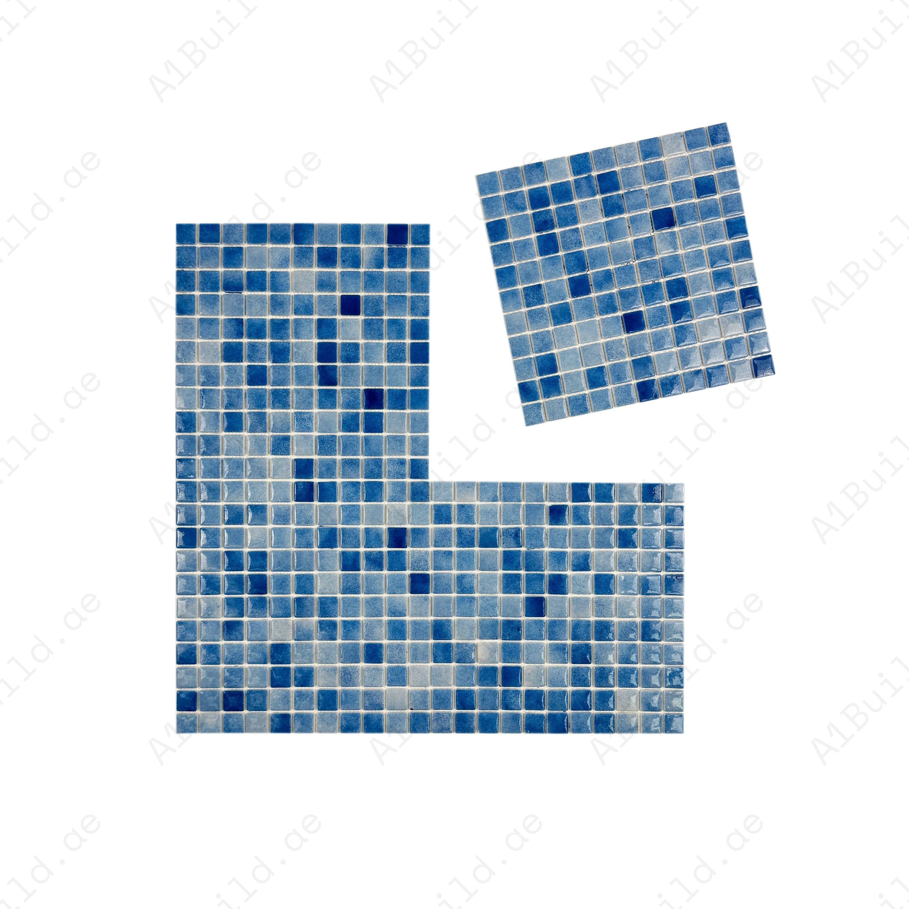 Azure & baby blue recycled glass mosaic tiles feature a glossy finish, eco-friendly design and long-lasting durability for pools, spas, water walls & wet areas.