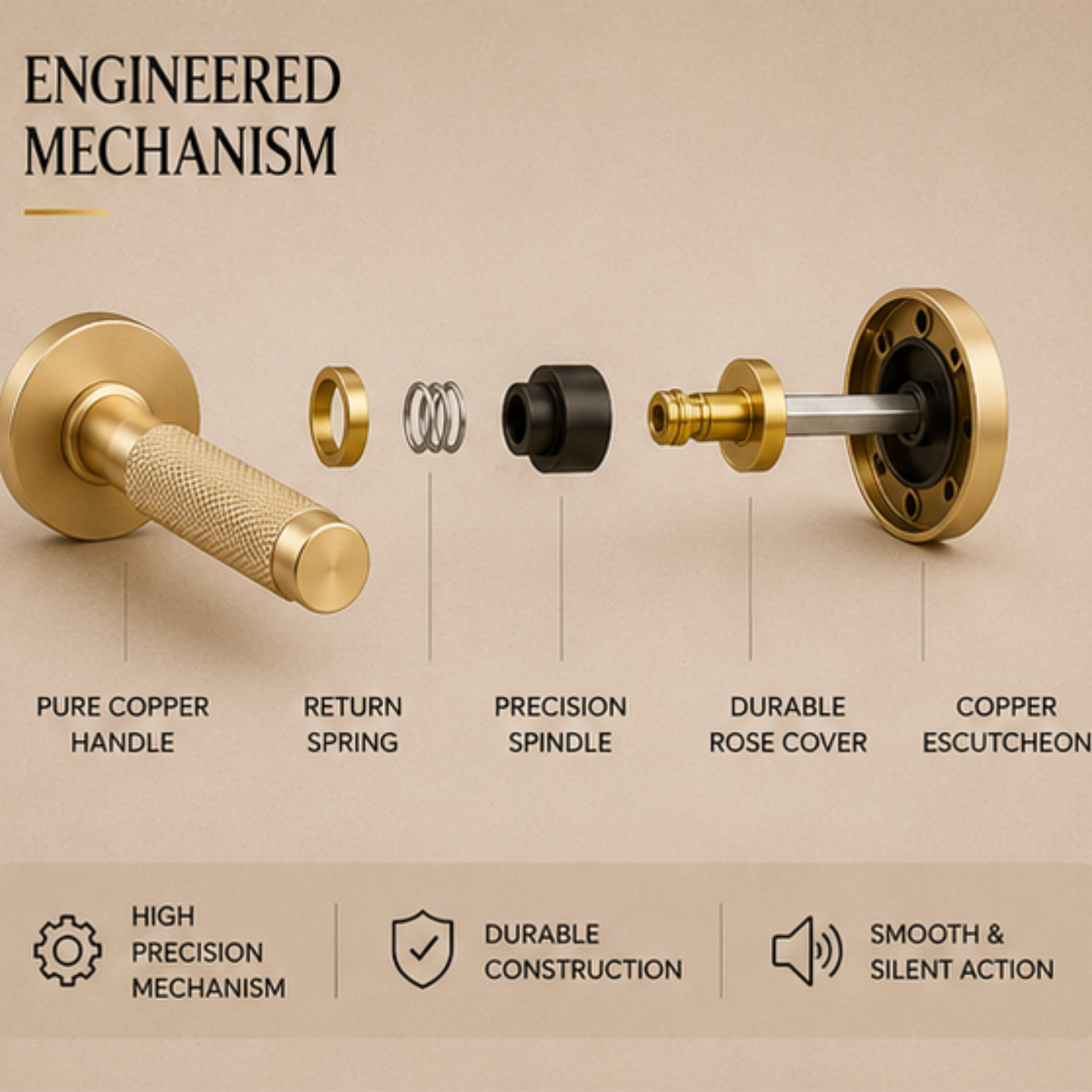 BA.8832 premium pure copper door lock handle in Matt Satin Brass finish. Luxury architectural hardware for elegant homes, hotels, offices, and interiors.