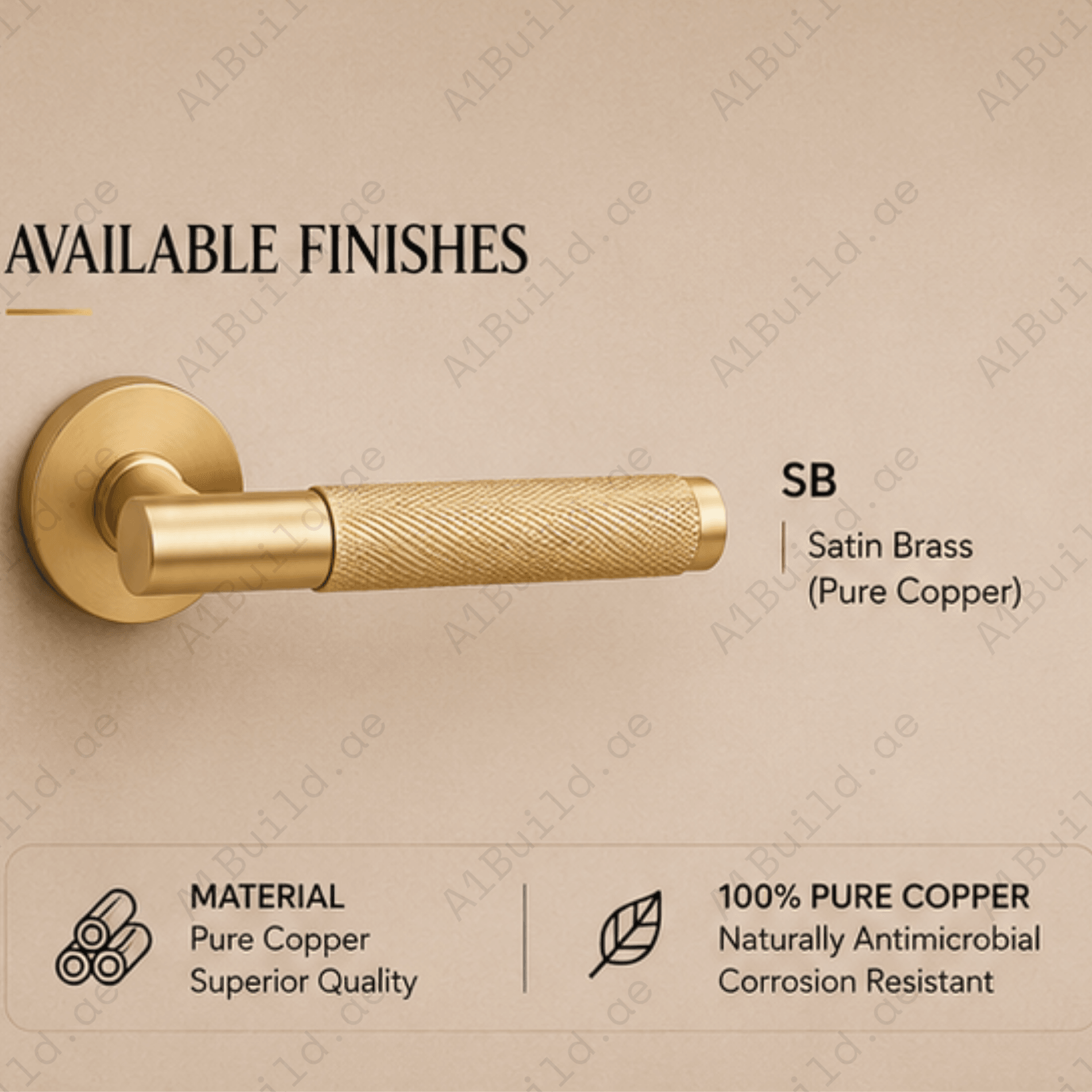 BA.8832 premium pure copper door lock handle in Matt Satin Brass finish. Luxury architectural hardware for elegant homes, hotels, offices, and interiors.
