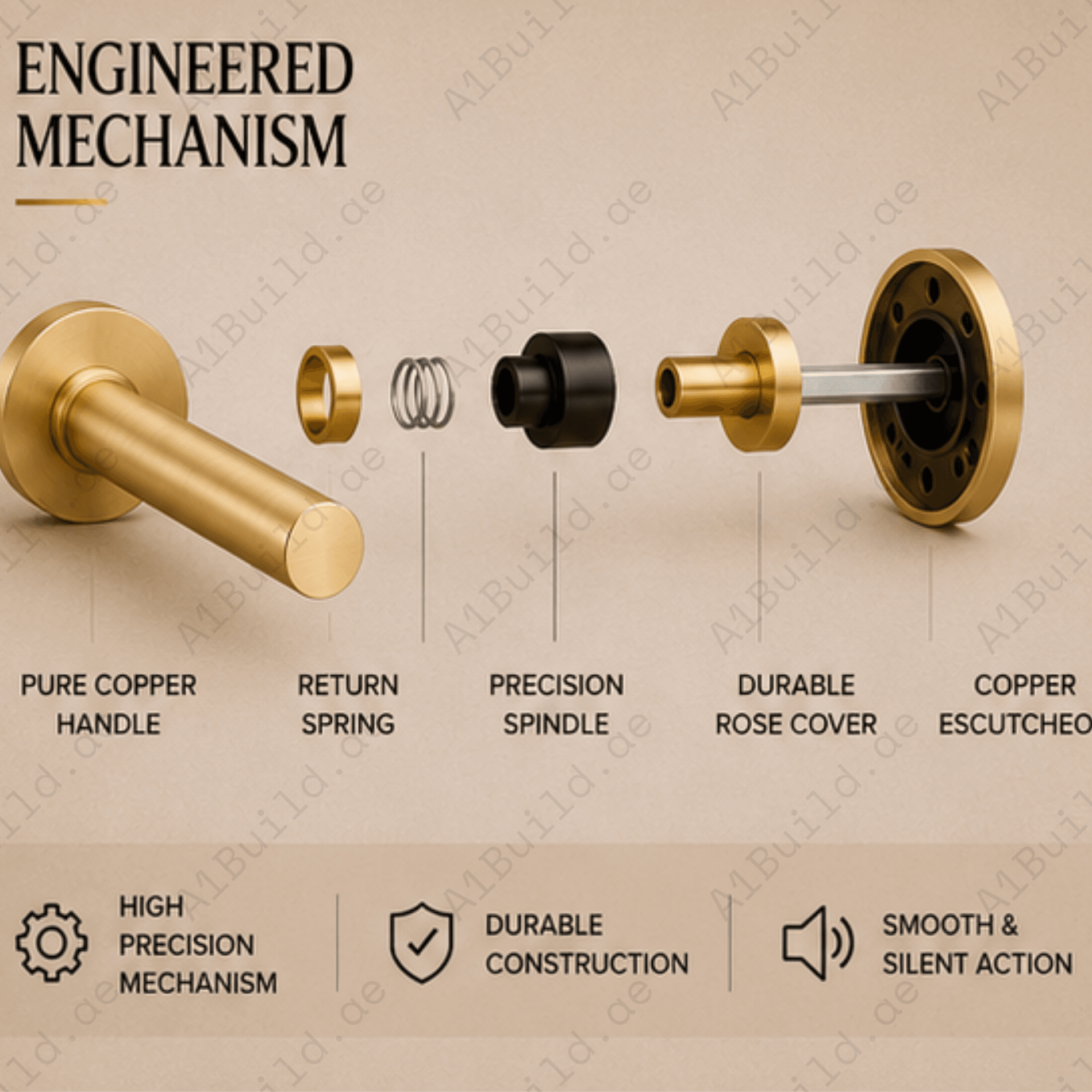 BA.8833 premium pure copper door lock handle in Matt Satin Brass finish. Luxury architectural hardware for elegant homes, hotels, offices, and interiors.