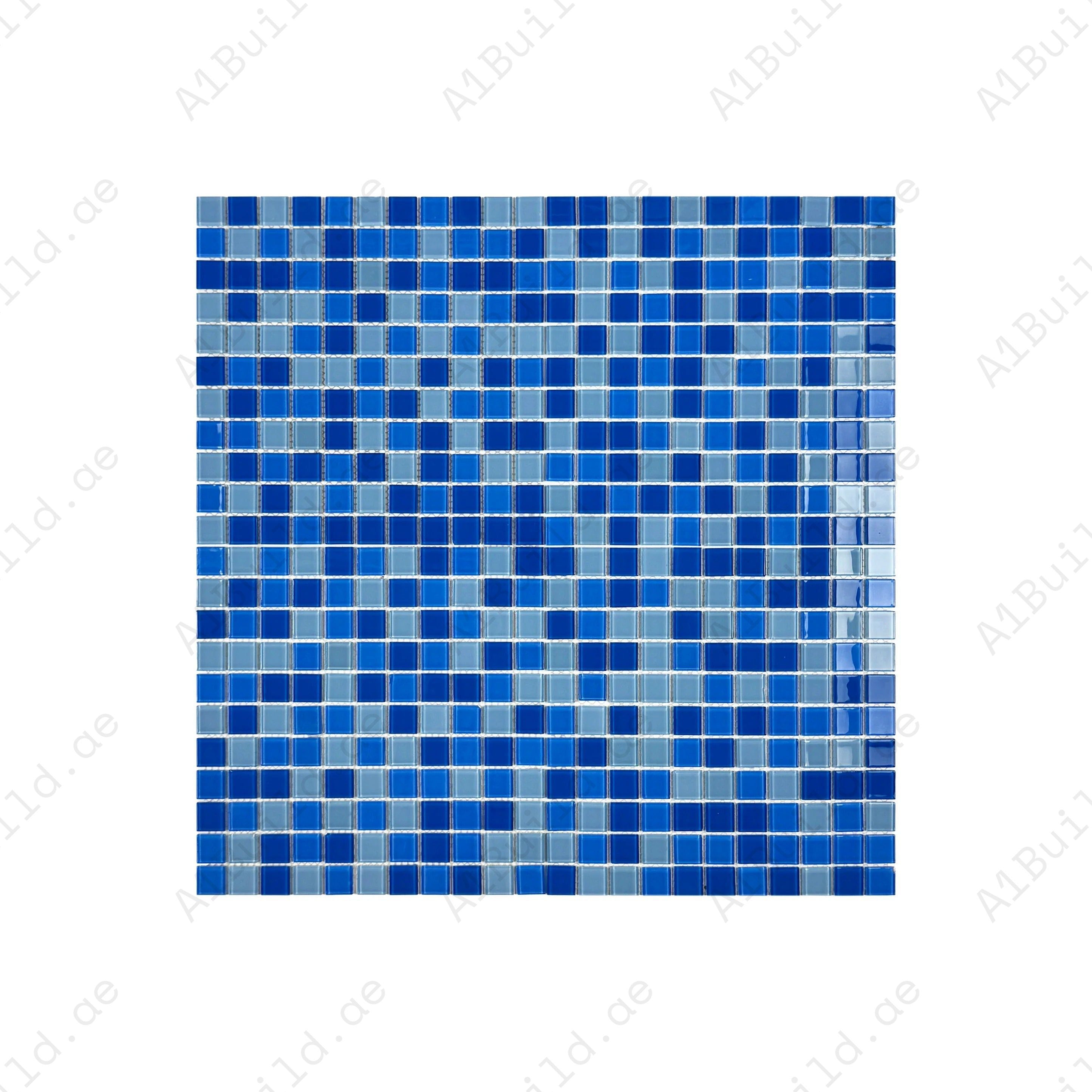 Baby Blue, French Blue & Cobalt Blue mixed crystal glass mosaic. UV-resistant, slip-proof & eco-friendly—perfect for pools, spas & modern water features.