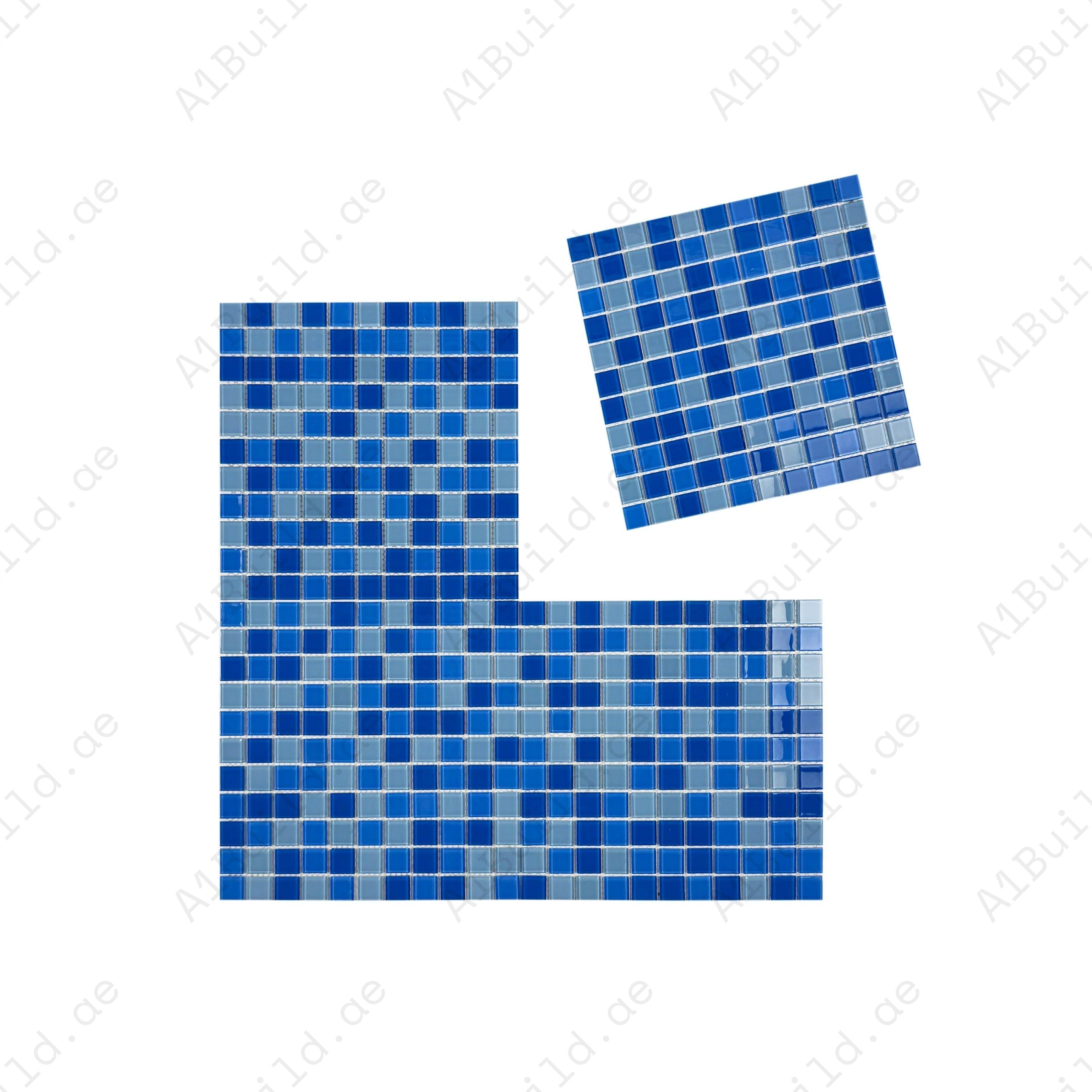 Baby Blue, French Blue & Cobalt Blue mixed crystal glass mosaic. UV-resistant, slip-proof & eco-friendly—perfect for pools, spas & modern water features.