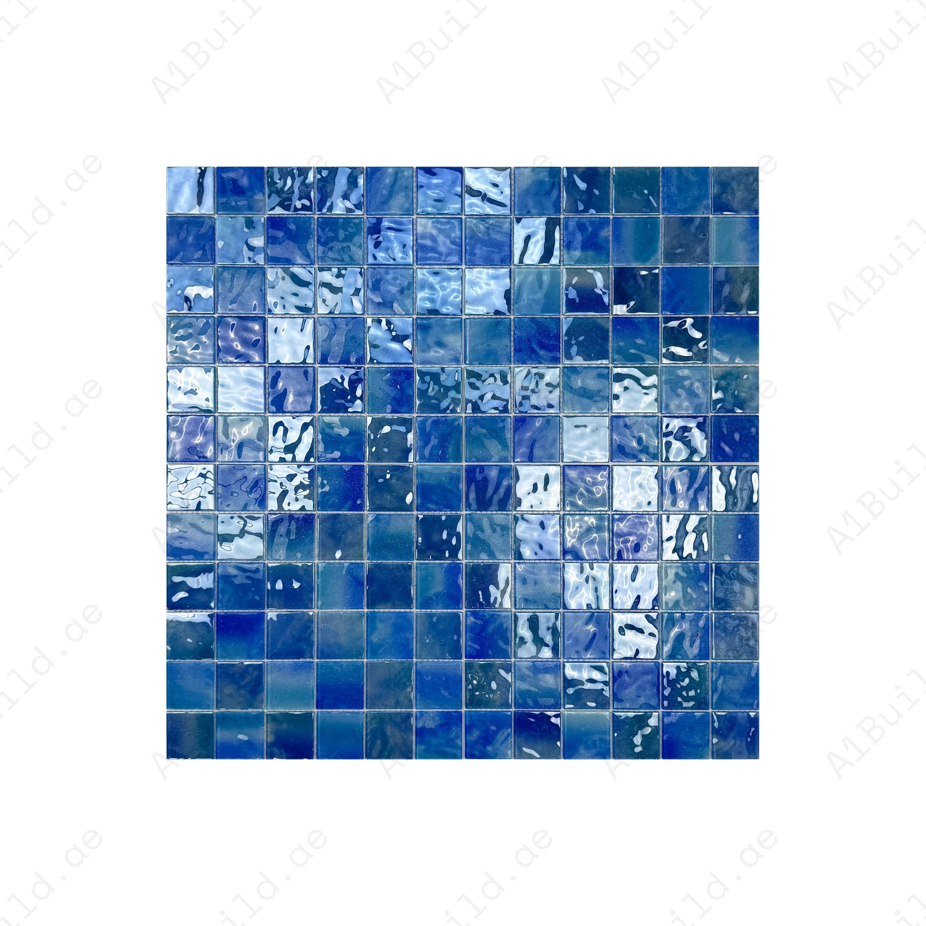 Baby Blue, Neon Blue & Navy Blue glass mosaic tile for pools, spas & walls. Durable, slip-resistant, eco-friendly & perfect for Dubai luxury projects.