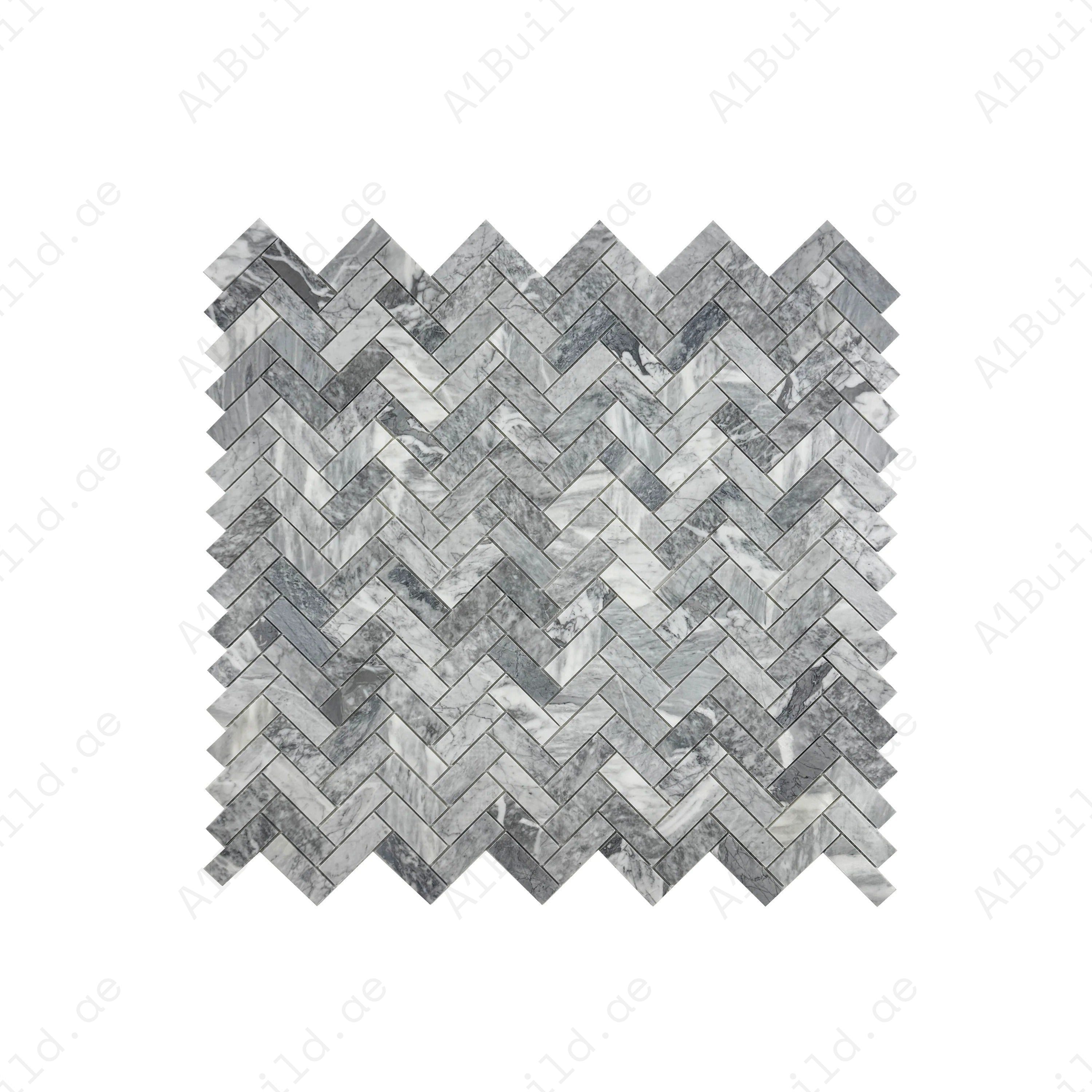 Bardiglio Polished Herringbone Marble Mosaic – Luxurious polished marble with a herringbone pattern, ideal for walls, kitchens, bathrooms, and refined interiors.