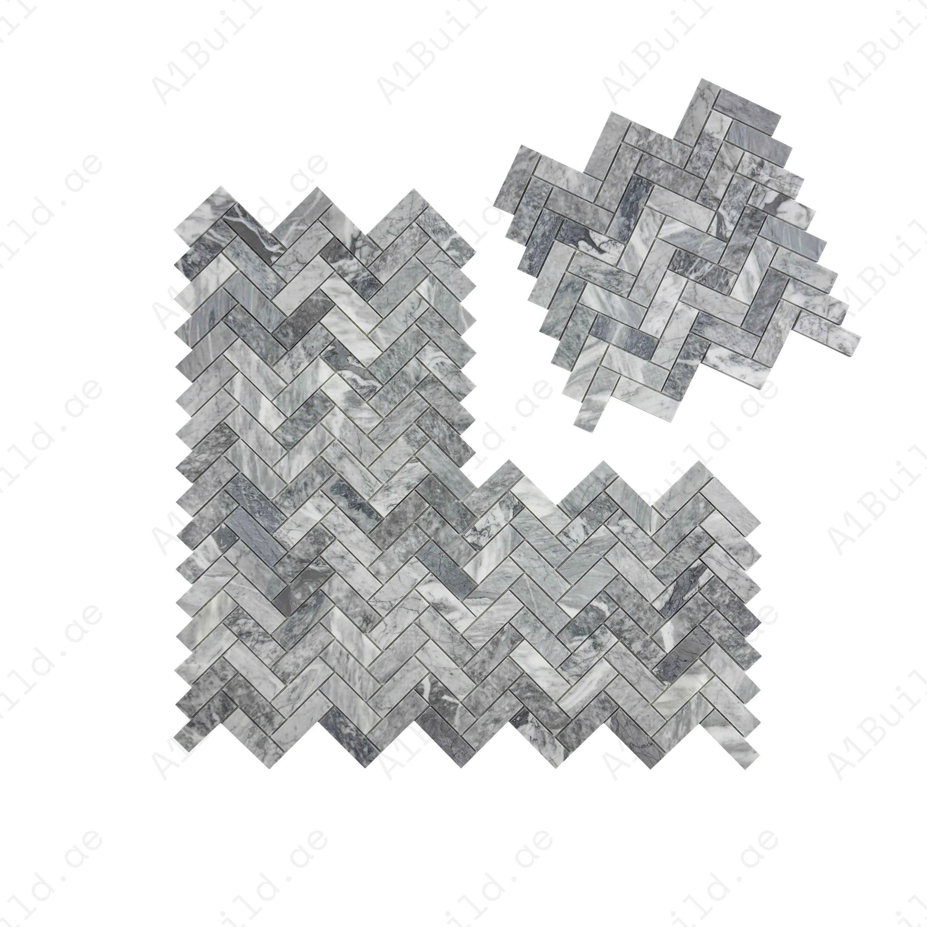 Bardiglio Polished Herringbone Marble Mosaic – Luxurious polished marble with a herringbone pattern, ideal for walls, kitchens, bathrooms, and refined interiors.