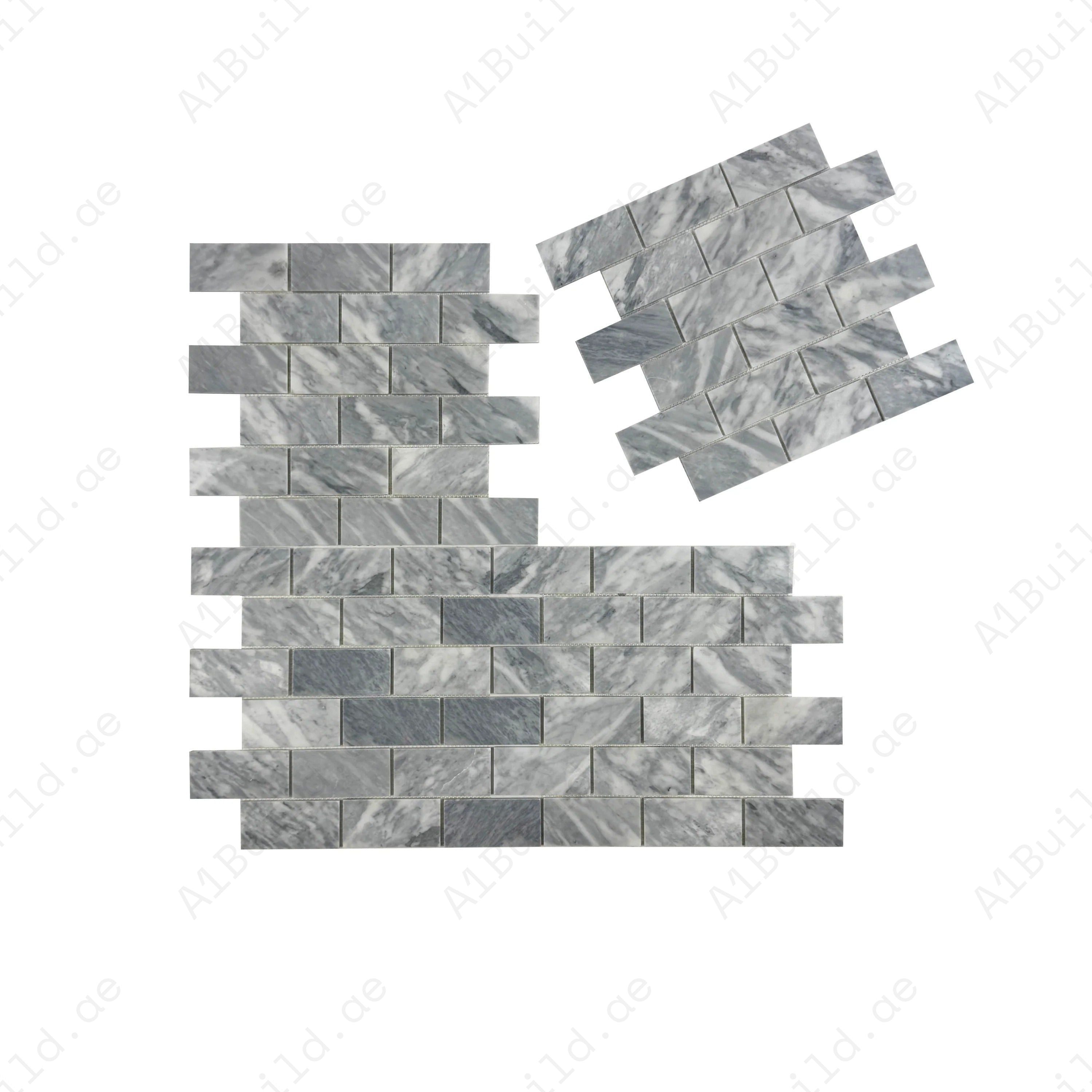 Bardiglio Polished Marble Mosaic – Sophisticated brickwork pattern with a polished finish, ideal for walls, kitchens, bathrooms, and high-end luxury interiors.